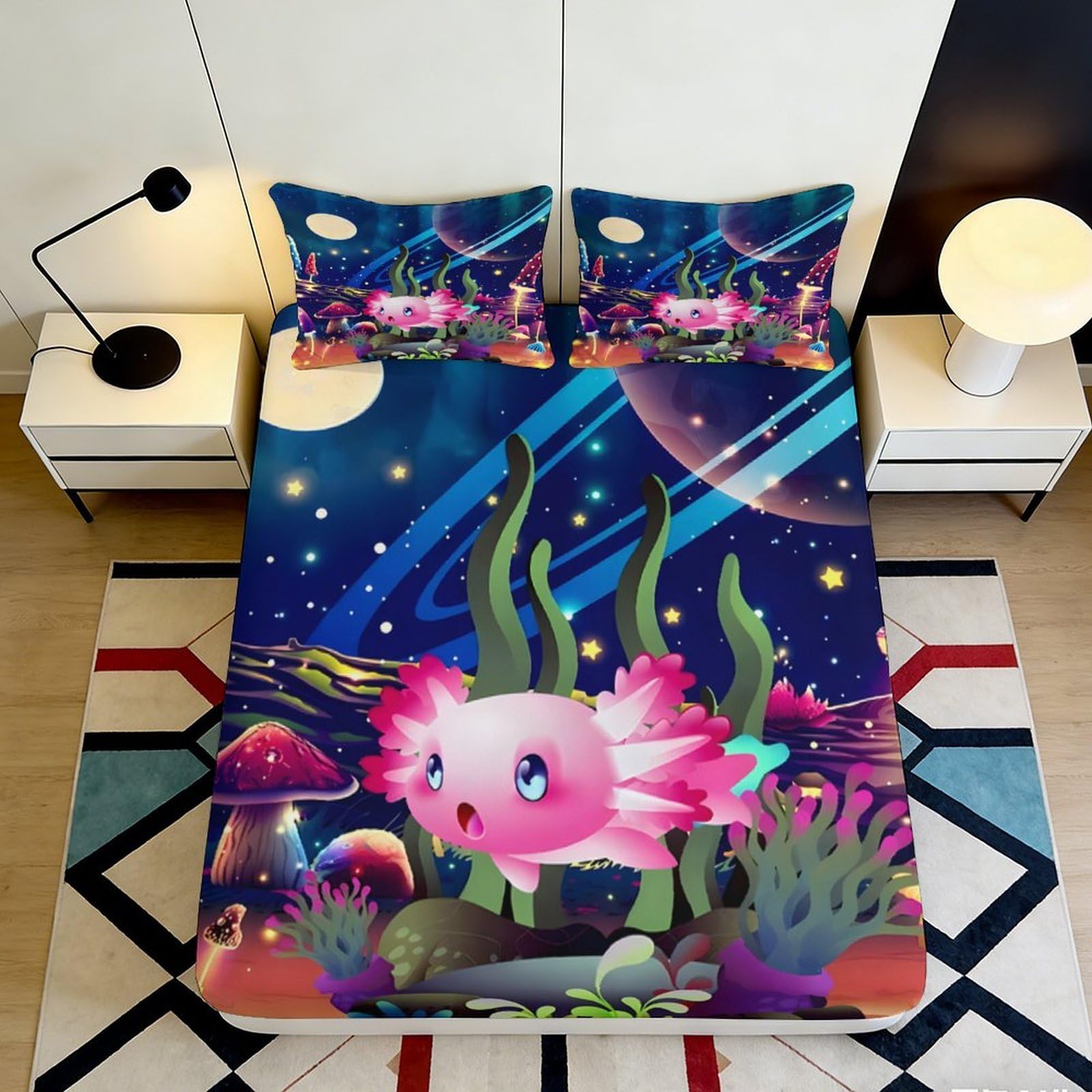 3D Printed Cute Axolotl Fitted Sheet Microfiber Colourful Fantasy Space Mattress Cover Bedroom Decor Protective 90x200x25cm