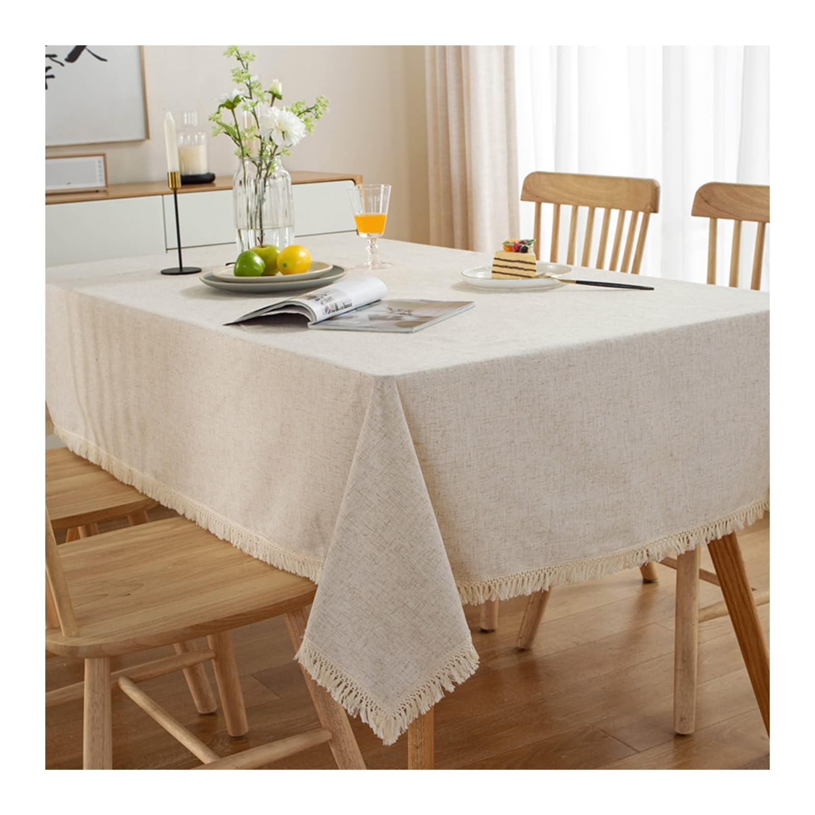 Nappe rectangulaire lavable anti-tache beige en polyester solide avec pompons pour table basse