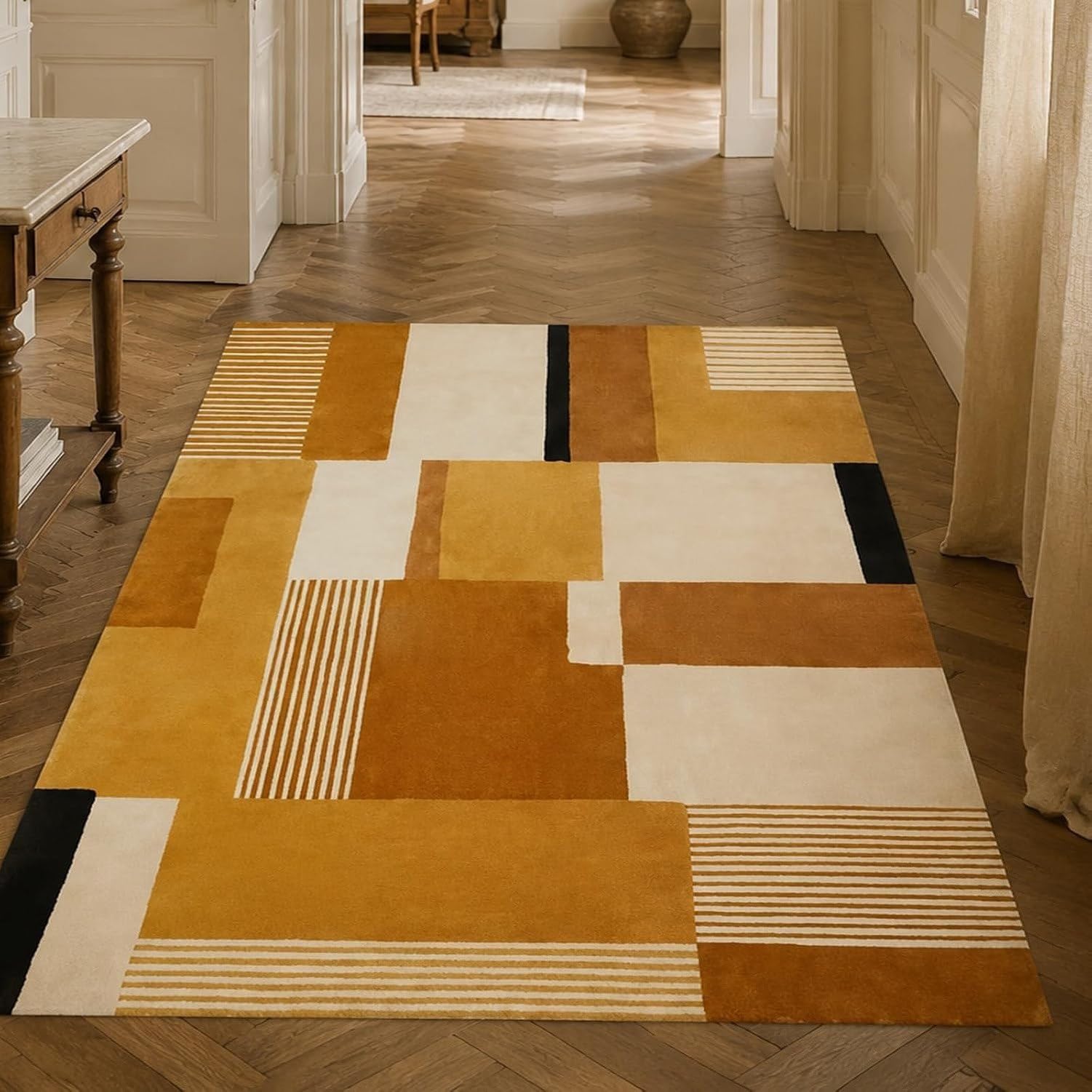 Tapis de Couloir Lavable Motif, Beige, 150x220 cm (Rectangulaire)