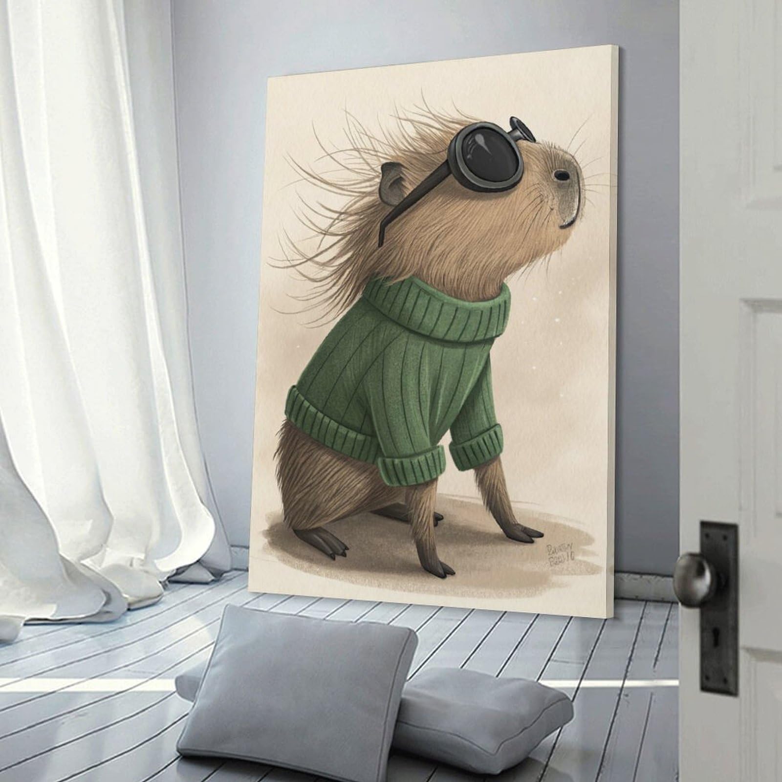 Junmoney Canvas Wall Decor Capybara in Sweater And Sunglasses, 20x30inch(50x75cm), for Bedroom Decor, Cosy Corners Or Studios, Decorative Wall Art for Cosy Rooms