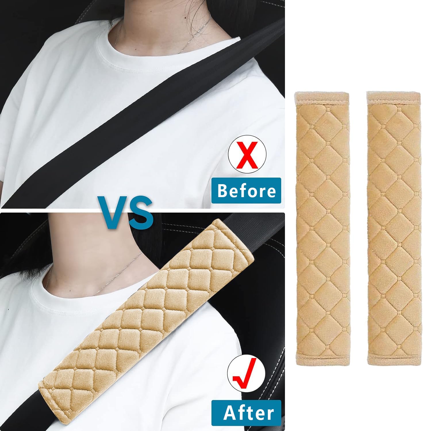 4 Coussins Ceinture Sécurité Voiture - Housse Rembourrée Confort Épaule/Cou, Bande Magique, Gris Et Beige