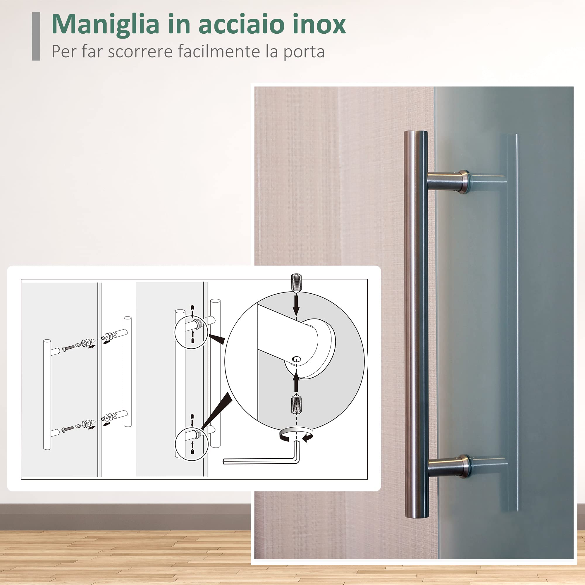 HOMCOM Porta Scorrevole Interna in Vetro Smerigliato con Binario e Maniglia per Bagno Cucina Studio 205 x 90 x 0.8cm