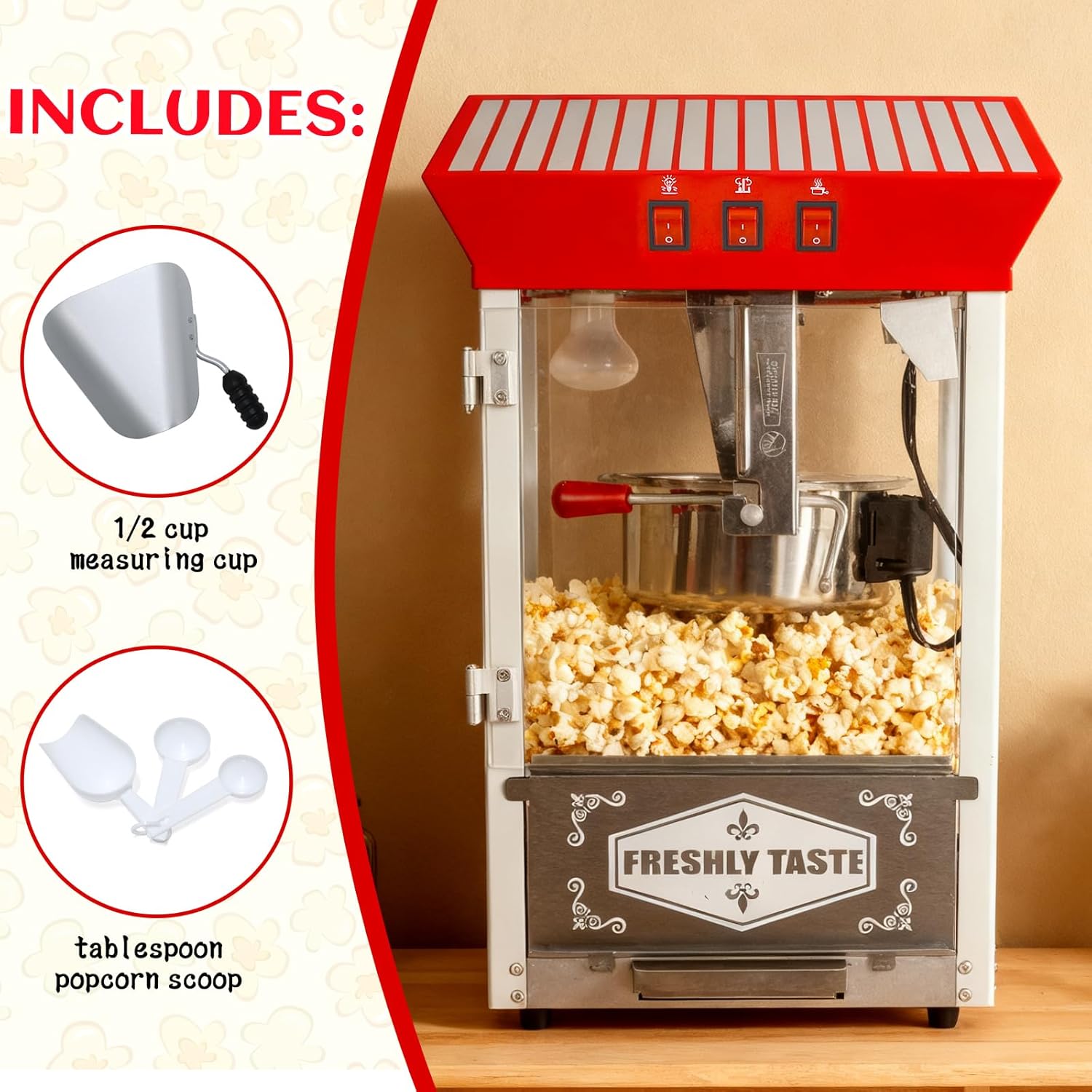 12oz Popcorn Machine with Cart, 12oz Popper Stainless-Steel Kettle & Warming Light, Christmas Gifts, Home Theater Gifts for Family Gatherings, Movie Theaters & Amusement Parks, Red