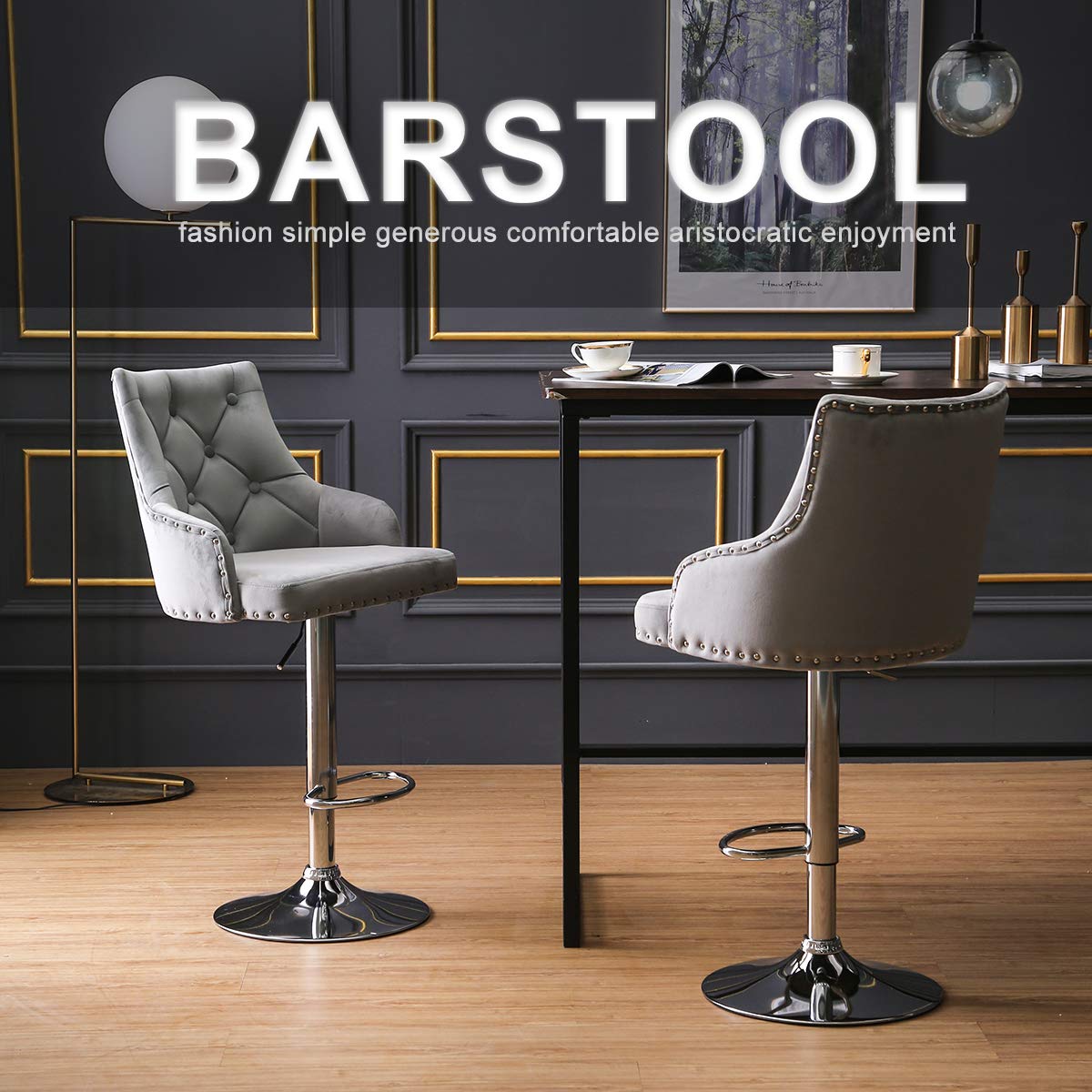 Buy zoyo Velvet Grey Bar stool Set of 2 Chairs Breakfast Bar Stools