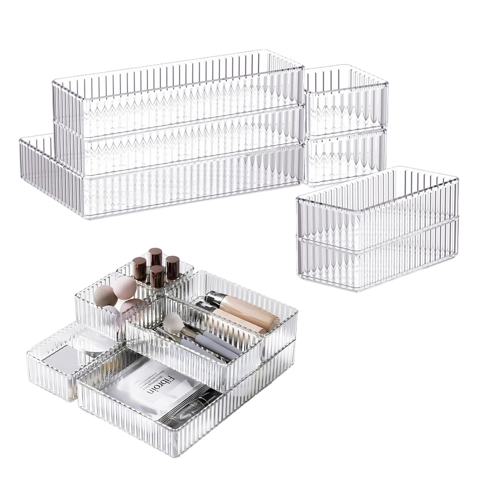 Harnovlis 7 Pcs Clear Drawer Organizers Bins, 4-Sizes Stackable Makeup Drawer Organizer Trays, Makeup Divider, Desk Drawers Organisers Set for Bathroom, Utensils, Makeup, Office, Kitchen