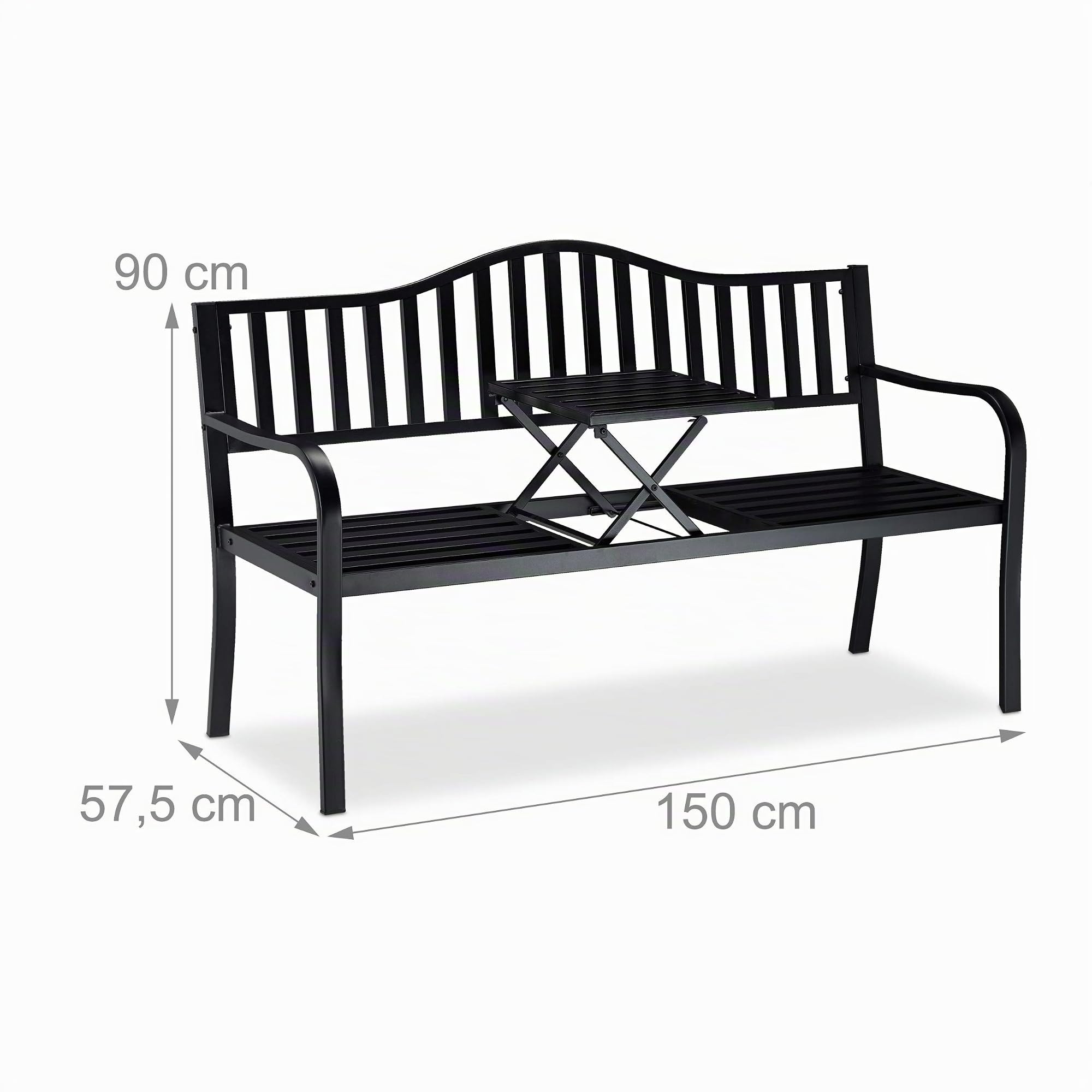Relaxdays Gartenbank mit Klapptisch, 3-Sitzer, integrierte Tischablage, robuste Sitzbank, HBT: 90x150x57,5 cm, schwarz