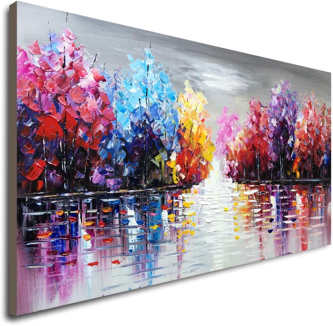 Hand Painted Lake Landscape Canvas Wall Art with Colorful Tree Thick Texture Oil Painting Abstract Artwork (48 x 24 inch)
