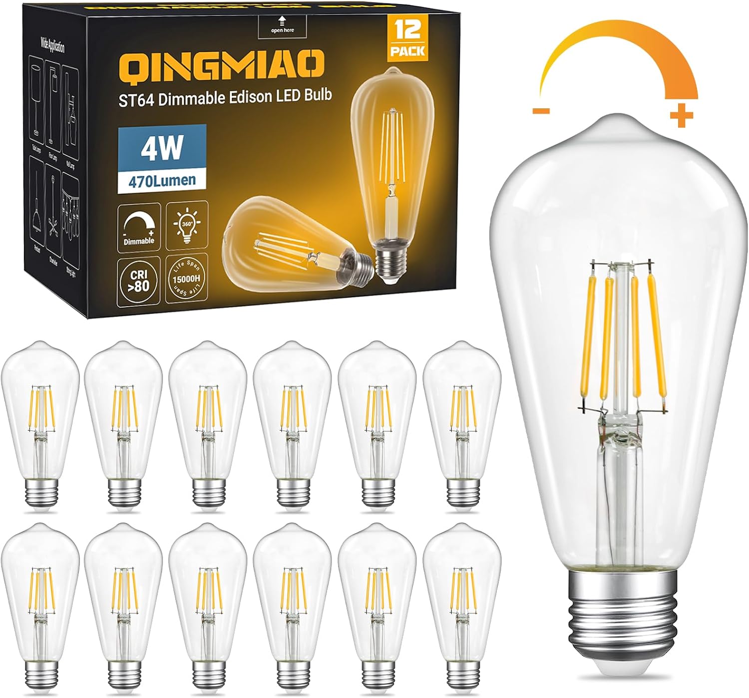 Qingmiao Vintage LED Edison Bulbs, ST58 Dimmable 4W E26 LED Bulb 40W Equivalent, 3000K Soft White Led Light Bulbs, Antique LED Filament Bulbs, CRI 80+, Flicker Free, No Glare, Clear Glass, Pack of 12