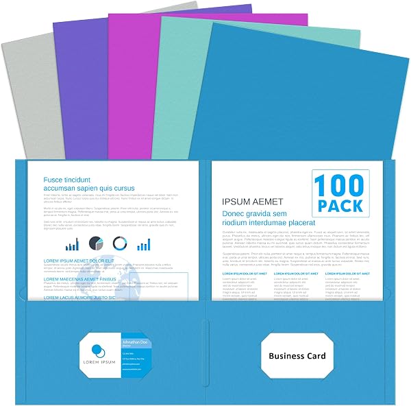 Two Pocket Folders, PANDRI 100 Pack 2 Pocket Folders, Letter Size Paper File Folder for School Office Home Business, Ass
