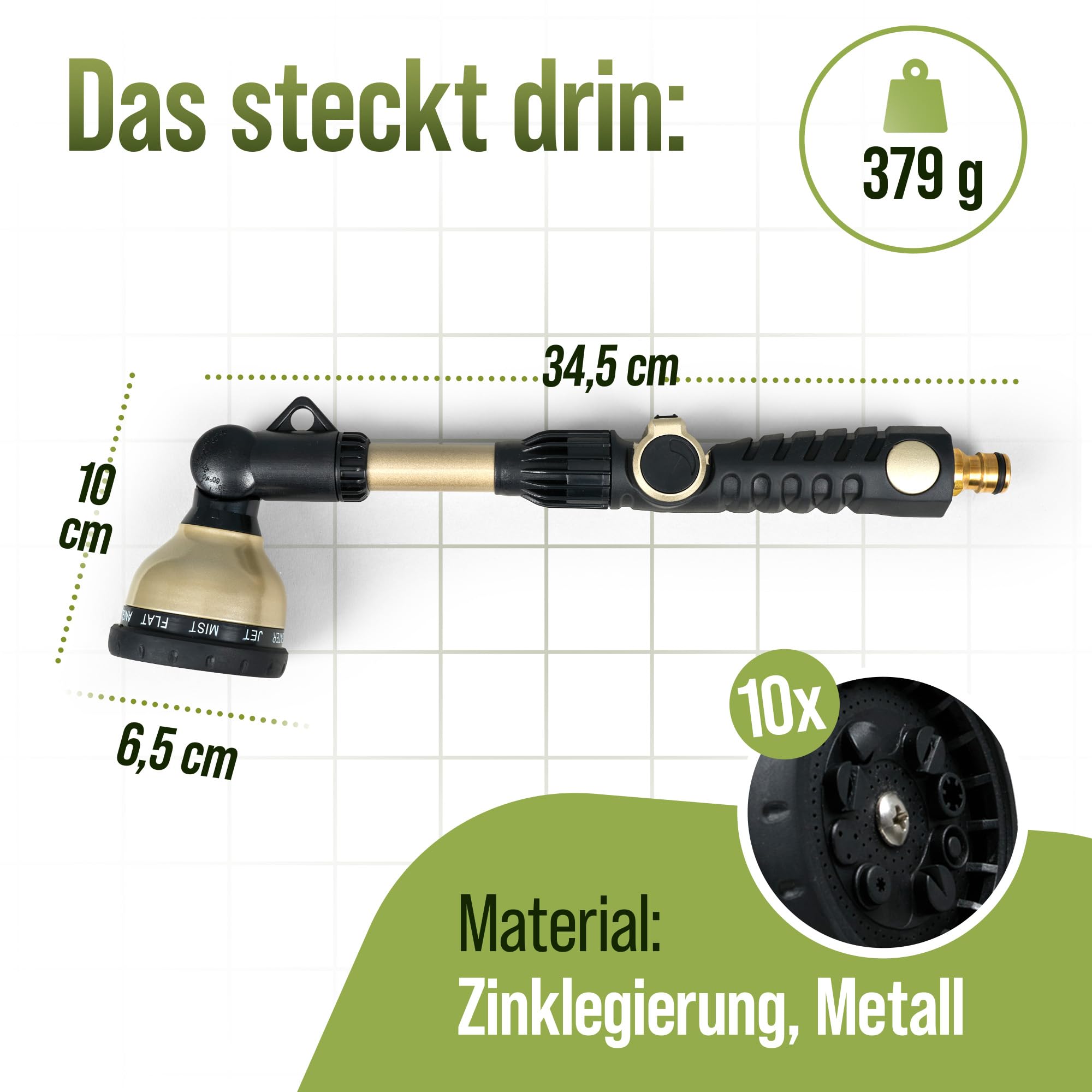 rainfactory Gießstab für Garten [10 Sprühmodi] Metall-Brausestab, langer Aluminium Comfort-Stab | Gartenbrause mit Messingadapter für schnelle Befestigung | Multibrause für Blumendusche & Beete