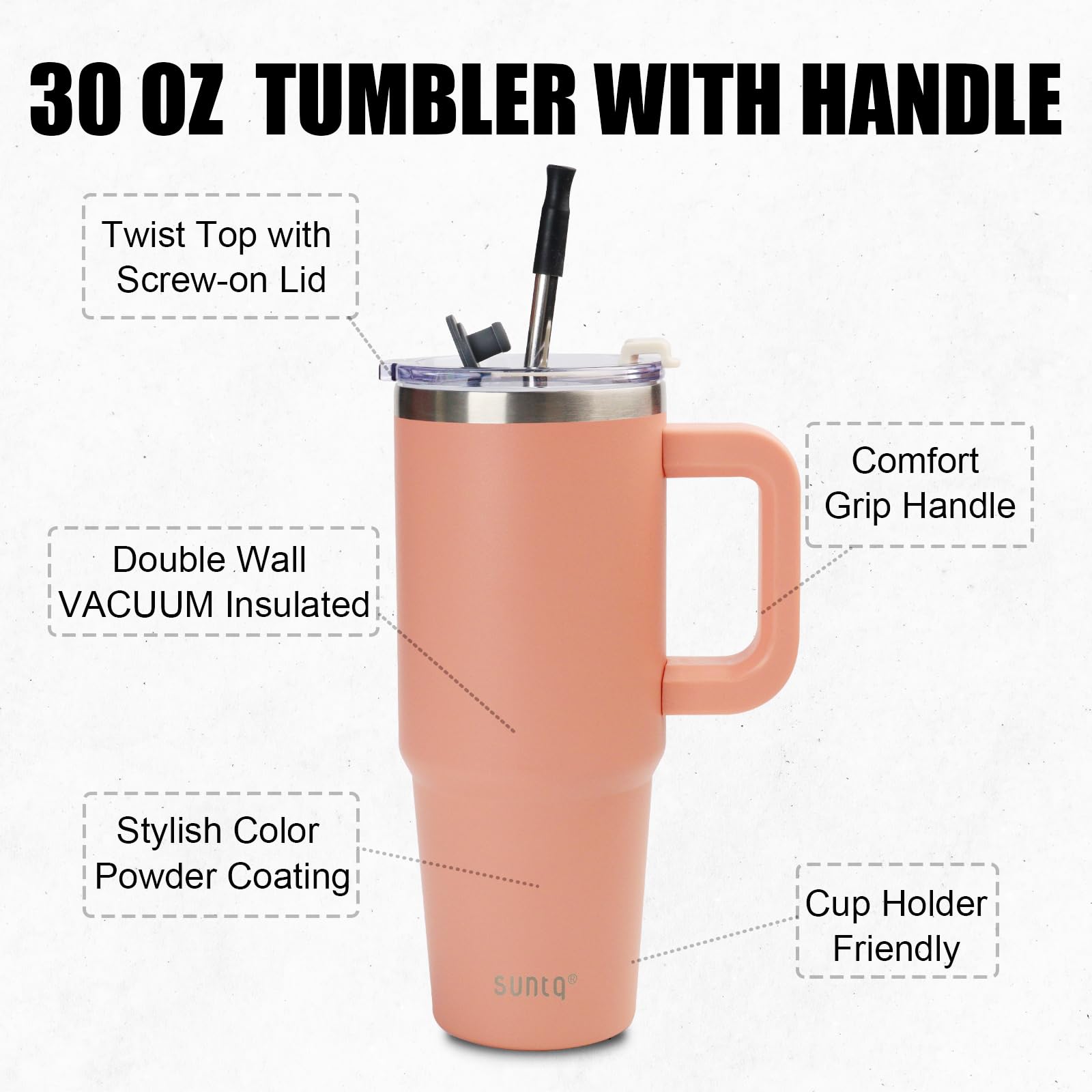 SUNTQ 30oz Tumbler with Handle, Double Wall Vacuum Insulated Water Bottle with Straw and Lid - Image 2
