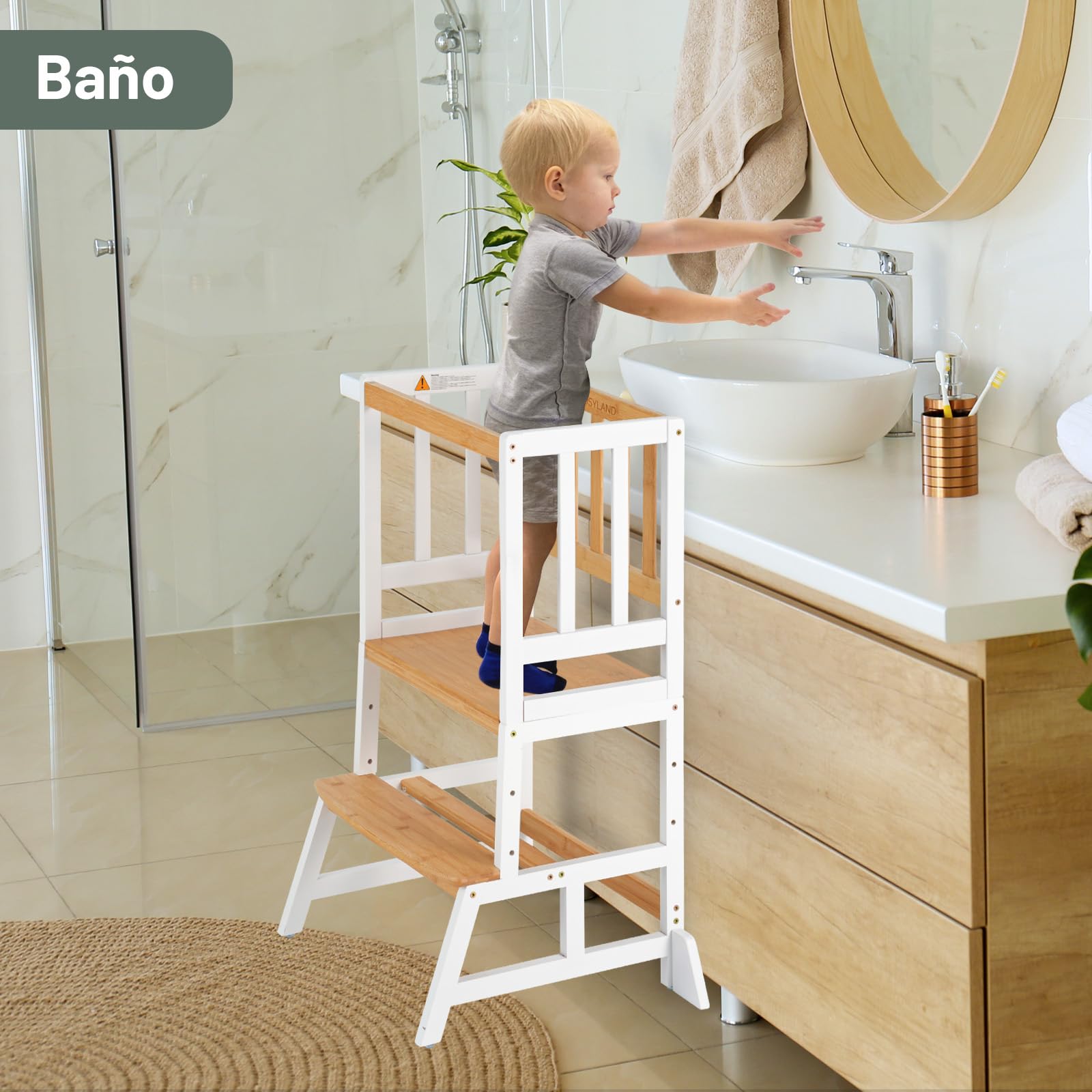 COSYLAND Torre de Aprendizaje Montessori para Niños 1-6 Años - 3 Niveles Altura Regulable Blanco Natural
