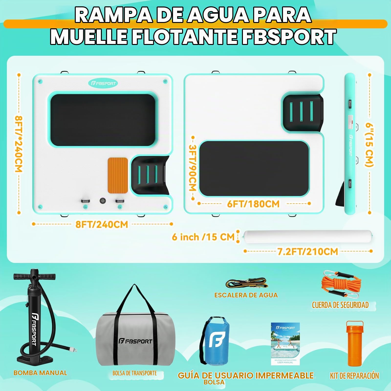 Plataforma Hinchable Multiusos, Gran Isla Inflable para Perros y Familias, Plataforma Inflable 240×240cm con Rampa y Reposacabezas, Balsa Resistente para Piscina, Lago, Playa y Océano