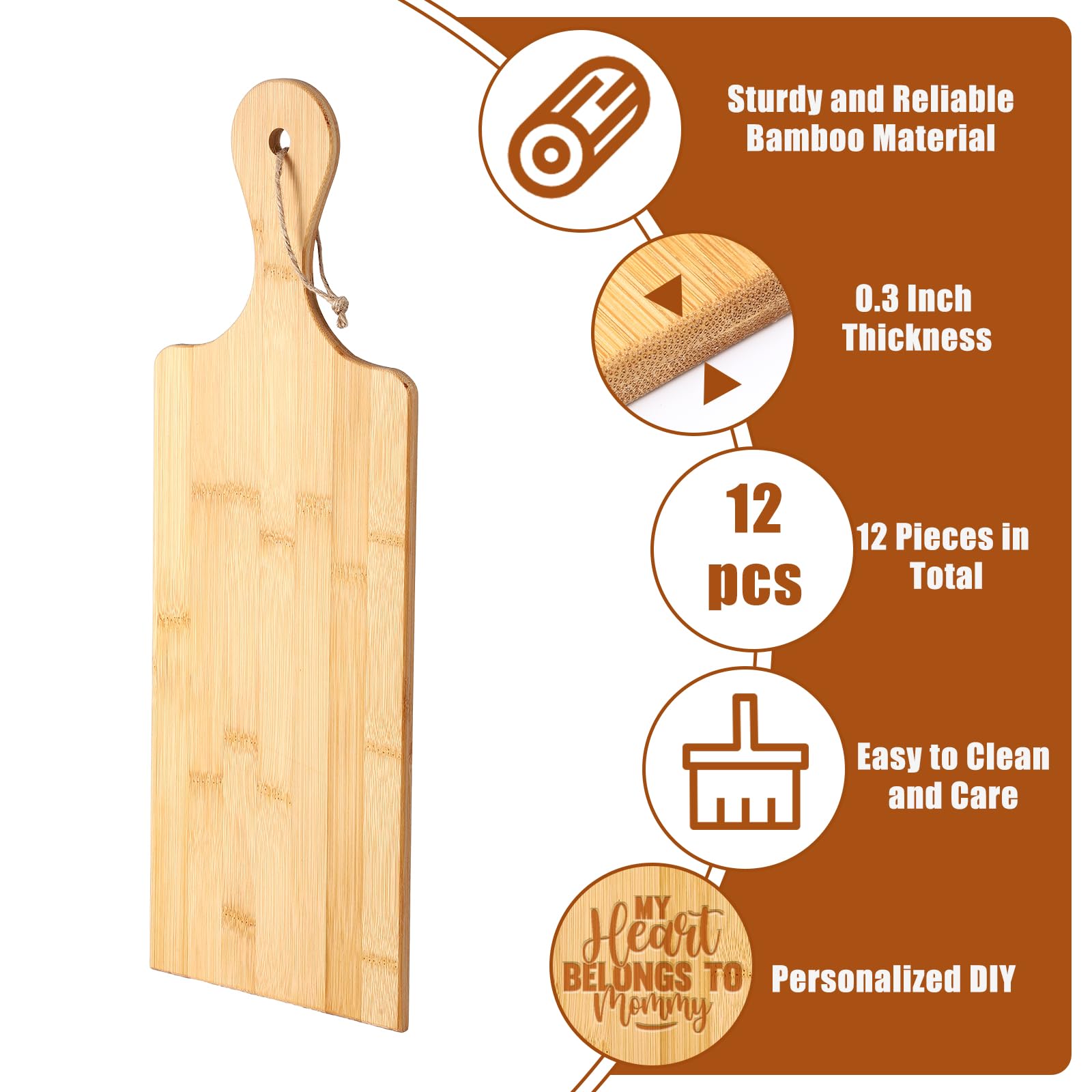 Juego de 12 tablas de cortar lisas con asas, tabla de cortar grande de madera para cocina, tabla de cortar a granel para verduras, carne, pizza, queso, pan de frutas (17 x 6 pulgadas, bambú)