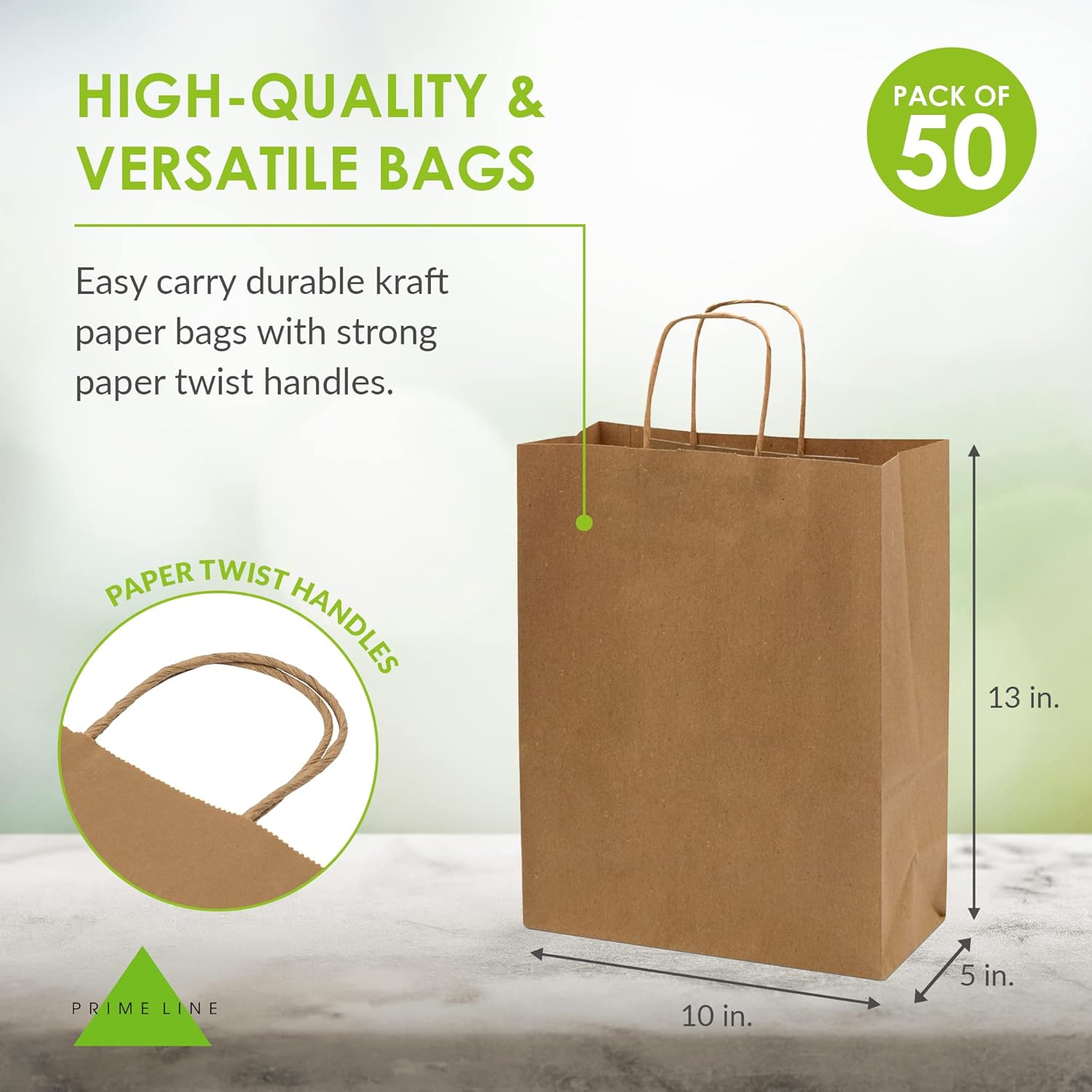 Prime Line Packaging Brown Paper Gift Bags, Kraft Shopping Bags Medium with Handles for Small Business, Boutiques, Take Away, Retail Store Use, Bulk, 10x5x13, 50 Pack