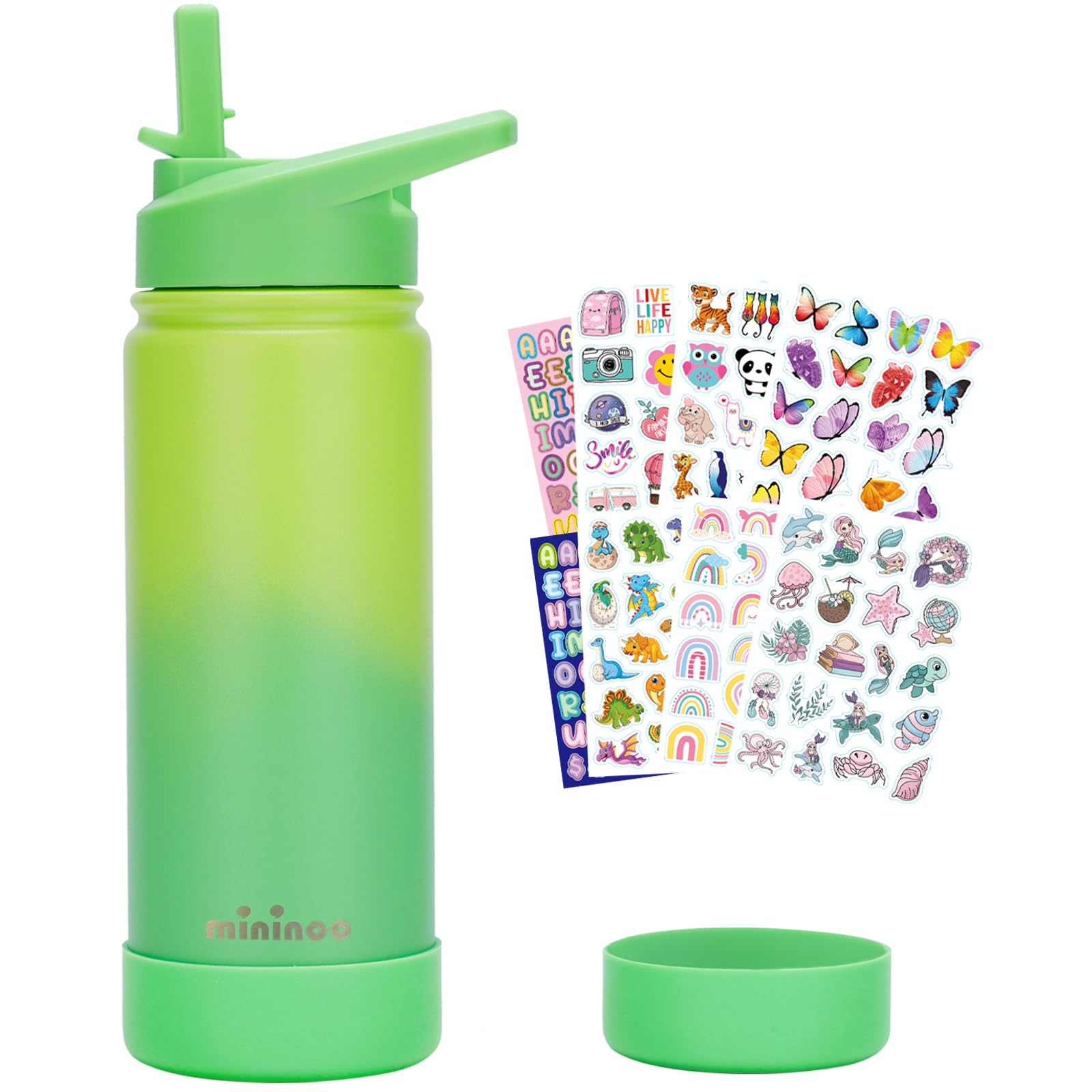 mininoo Kids Water Bottle for School, 16oz Stainless Steel Insulated Water Bottle Kids with Straw Lid for Girls, Boys (Lemon/Green)