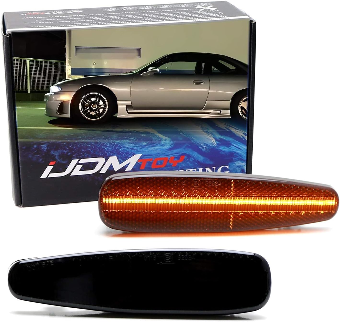 iJDMTOY JDM Black-Out Smoked Lens Front Bumper Amber Full LED Strip Side Marker Light Kit Compatible With 1995-1998 Nissan 240SX Silvia S14