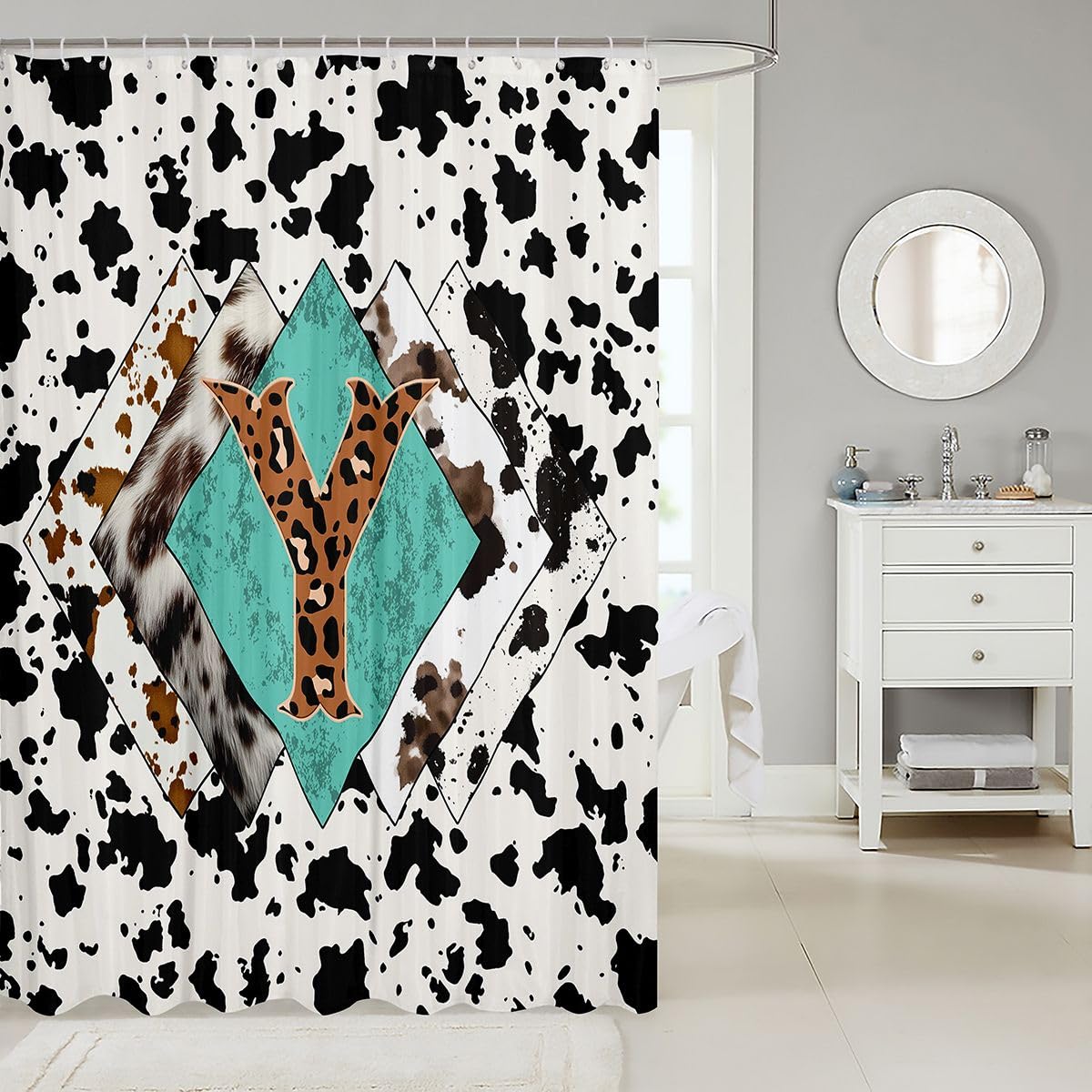 Rideau de douche lettre Y taille L léopard monogramme alphabet imprimé cuir de vache rideau de bain pour adultes design rustique rétro rideaux de bain imperméables avec 12 crochets pour baignoire