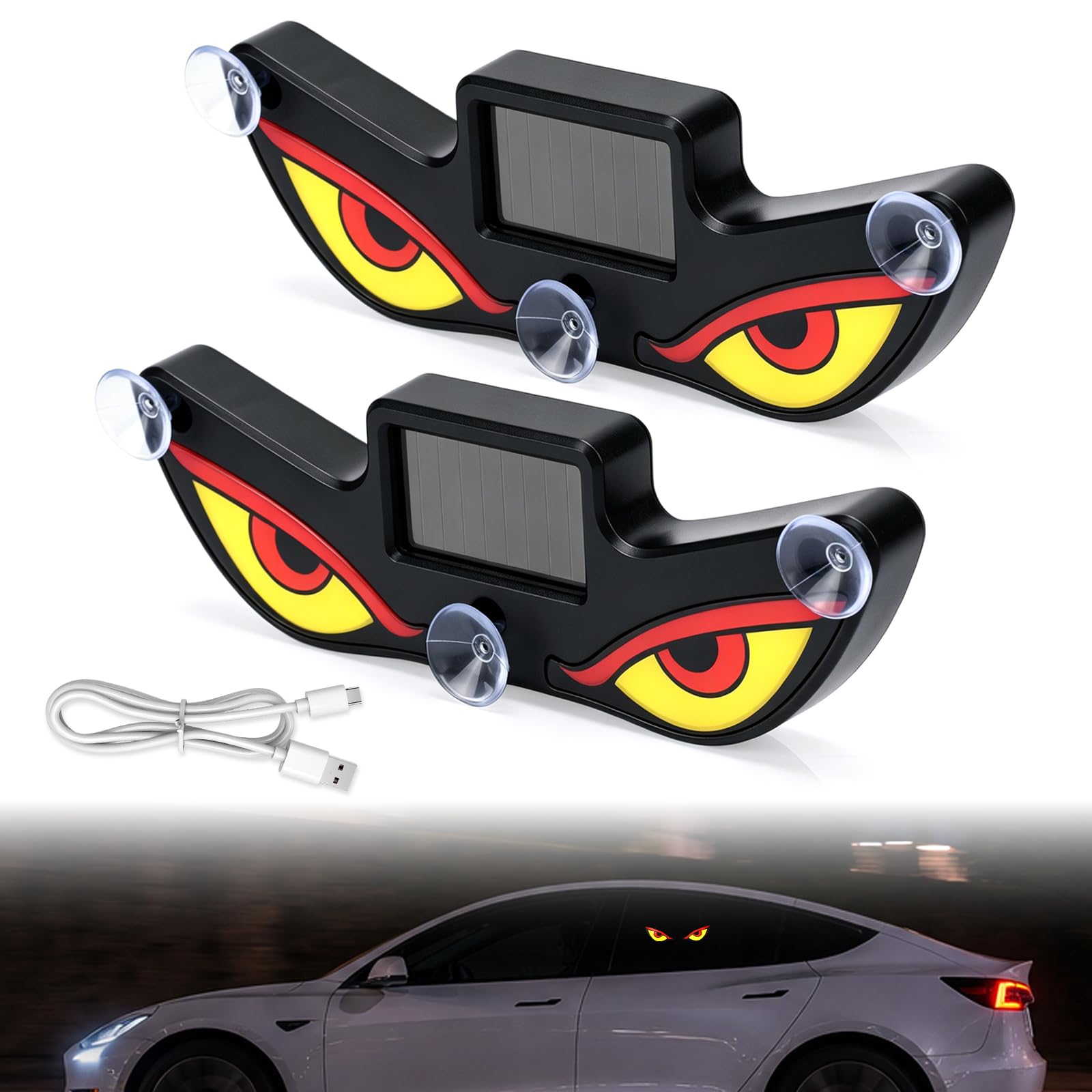 RACEAST デビルアイライト 車内 LED ムードライト カー用品 ソーラーとType c充電 吸盤取り付け 車の窓用 防水 高輝度 警告灯 夜間走行 視認性向上 装飾灯 自動車、トラック、およびバンに適用されます 2pcs