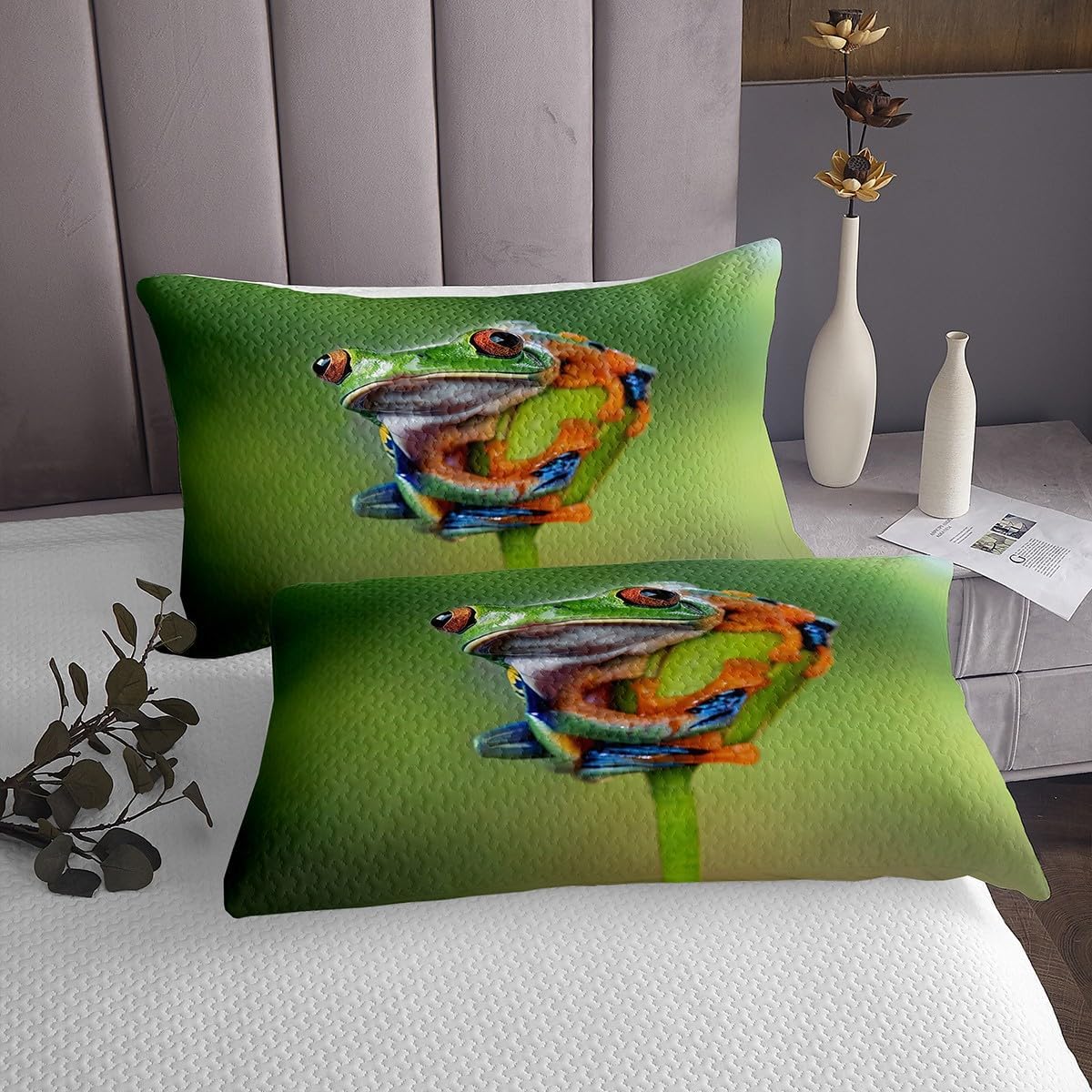 Erosebridal Frog Quilted Coverlet Twin Size Tree Frog Bedding Set Frog Family Quilt 3D Tree Frog Printing Plant Coverlet Set for Kids Boys Girls Teens Living Room Decor, Green Orange