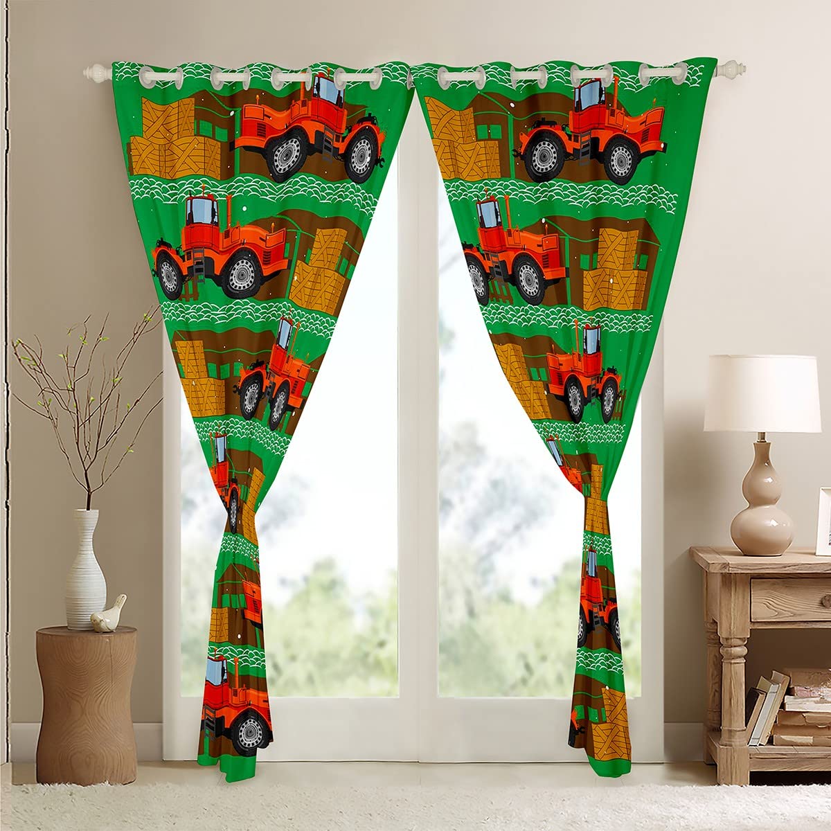 Cortinas Opacas de grúa de niveladora de maquinaria de Dibujos Animados (30% -50%) vehículos Verdes para oscurecimiento de automóviles, Cortinas de automóviles para Dormitorio, Adultos, tratamientos