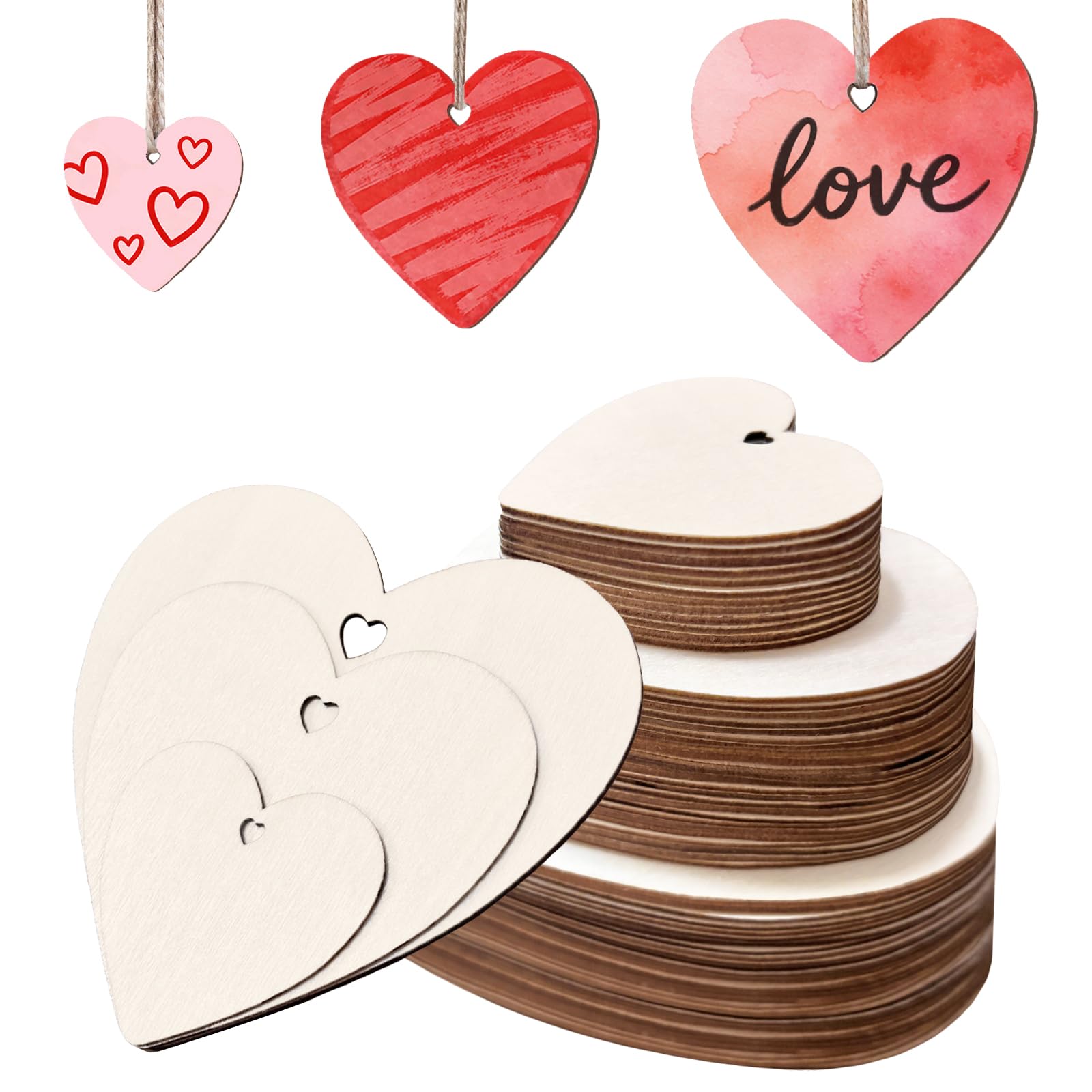 72pcs Wooden Hearts, 5/8/10cm Wooden Shaped Hearts with Holes