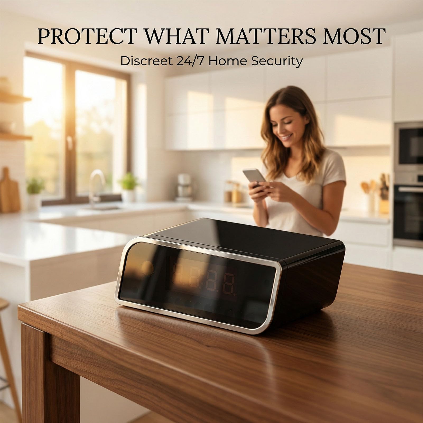 Tosuny Caméra D'horloge Intelligente, Caméra de sécurité WiFi 1080P avec Réveil, Vision Nocturne, Détection de Mouvement et Alerte, WiFi 2,4 G, Vue en Temps Réel, Objectif Grand Angle