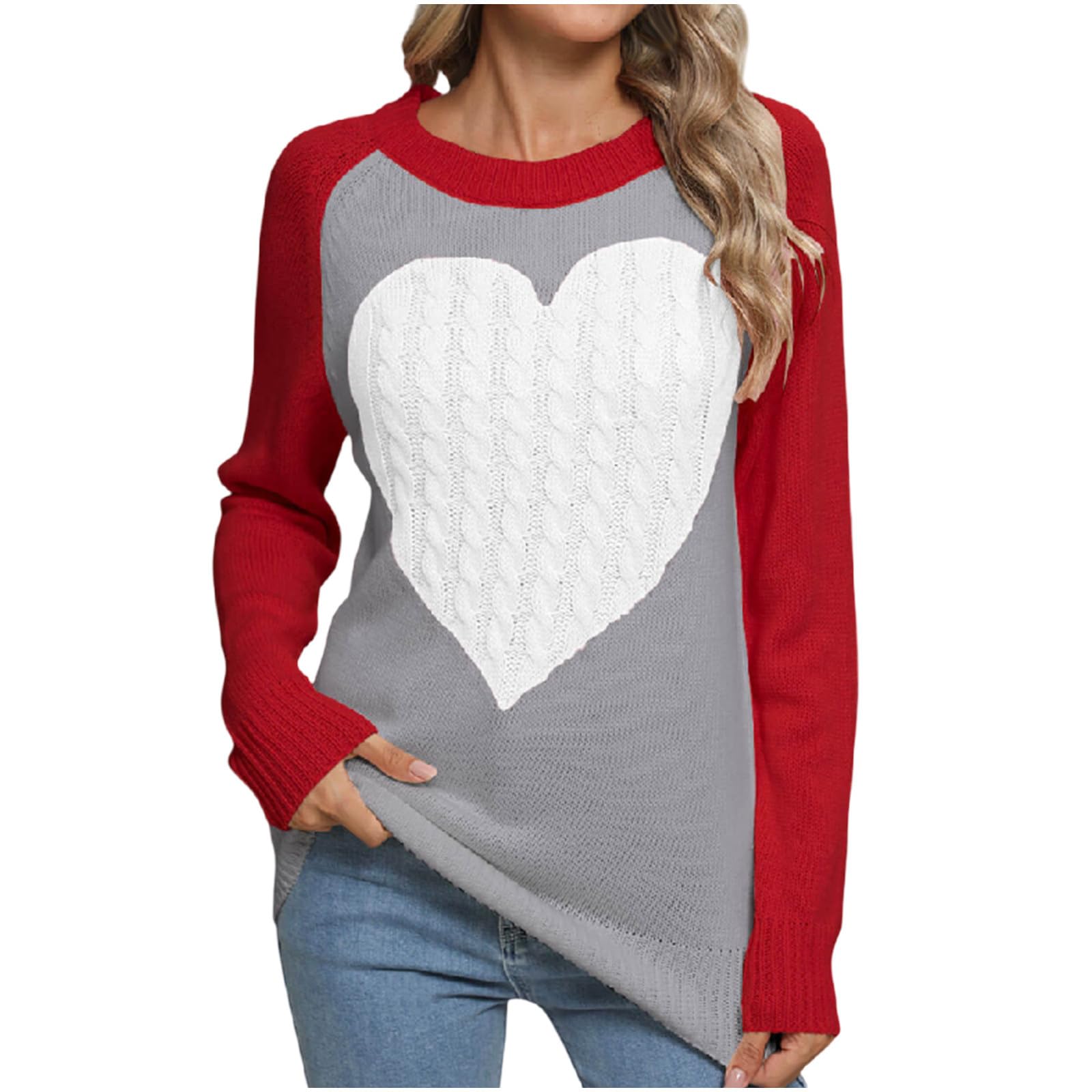 Womens Oversized Cute Heart Sweater Lightweight Crewneck Cable Knit Sleeve Pullover Top Color Block Casual Outfit