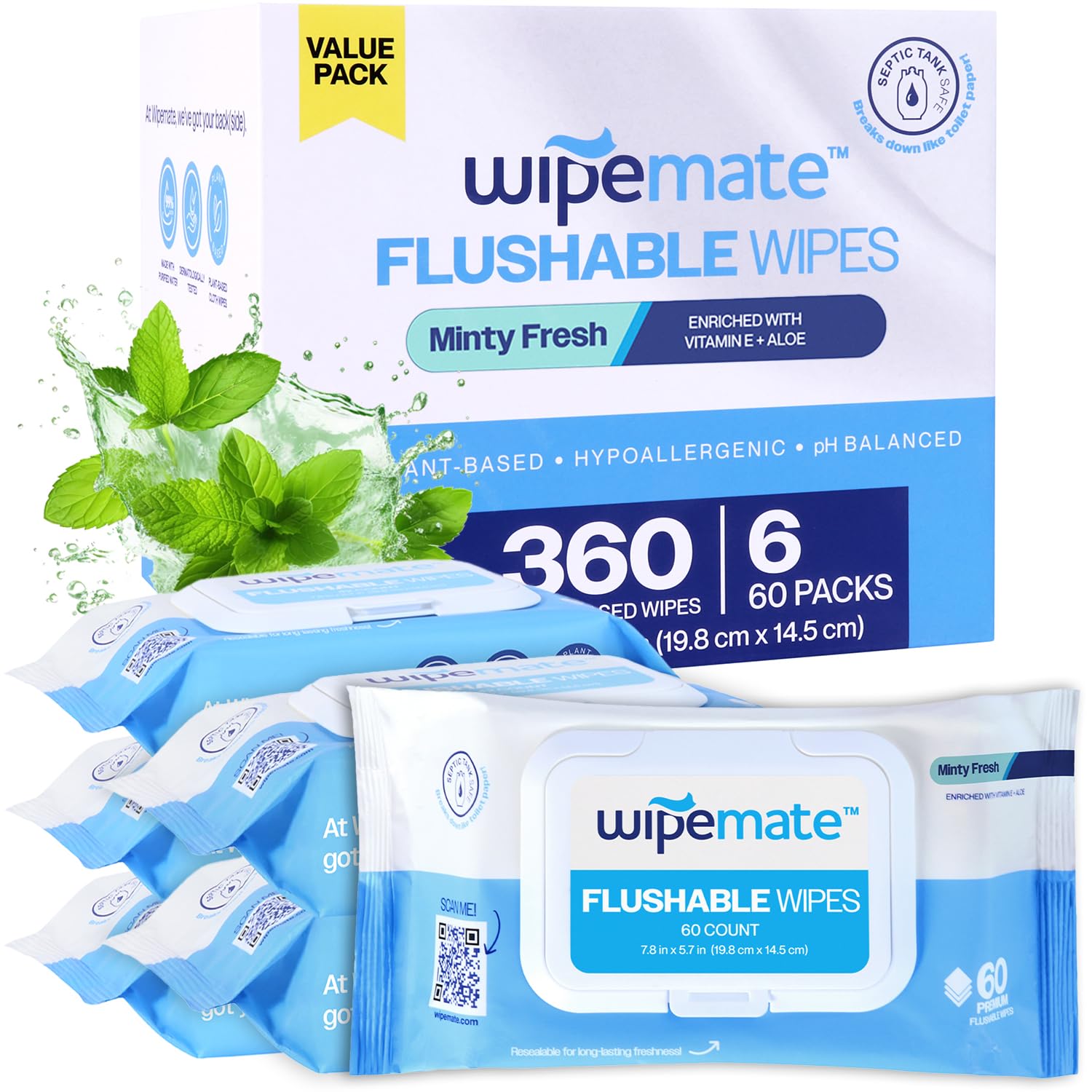 ULTRA Flushable Butt Wipes, Soothing Vitamin E & Aloe,99% Water, Minty Fresh Scent Premium Super Soft Hygiene Wipes, Septic & Sewer Safe, 6 Premium Flip-Top Packs, 60 Wipes Per Pack 360Ct