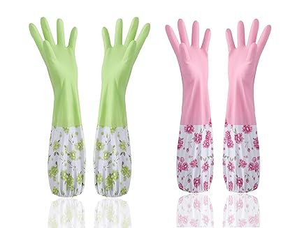 Giffy Reusable Double Layer Winter/Warm Elbow Length Sleeves Household Waterproof PVC Gloves for Dishwashing Household Purpose, 2 Pair