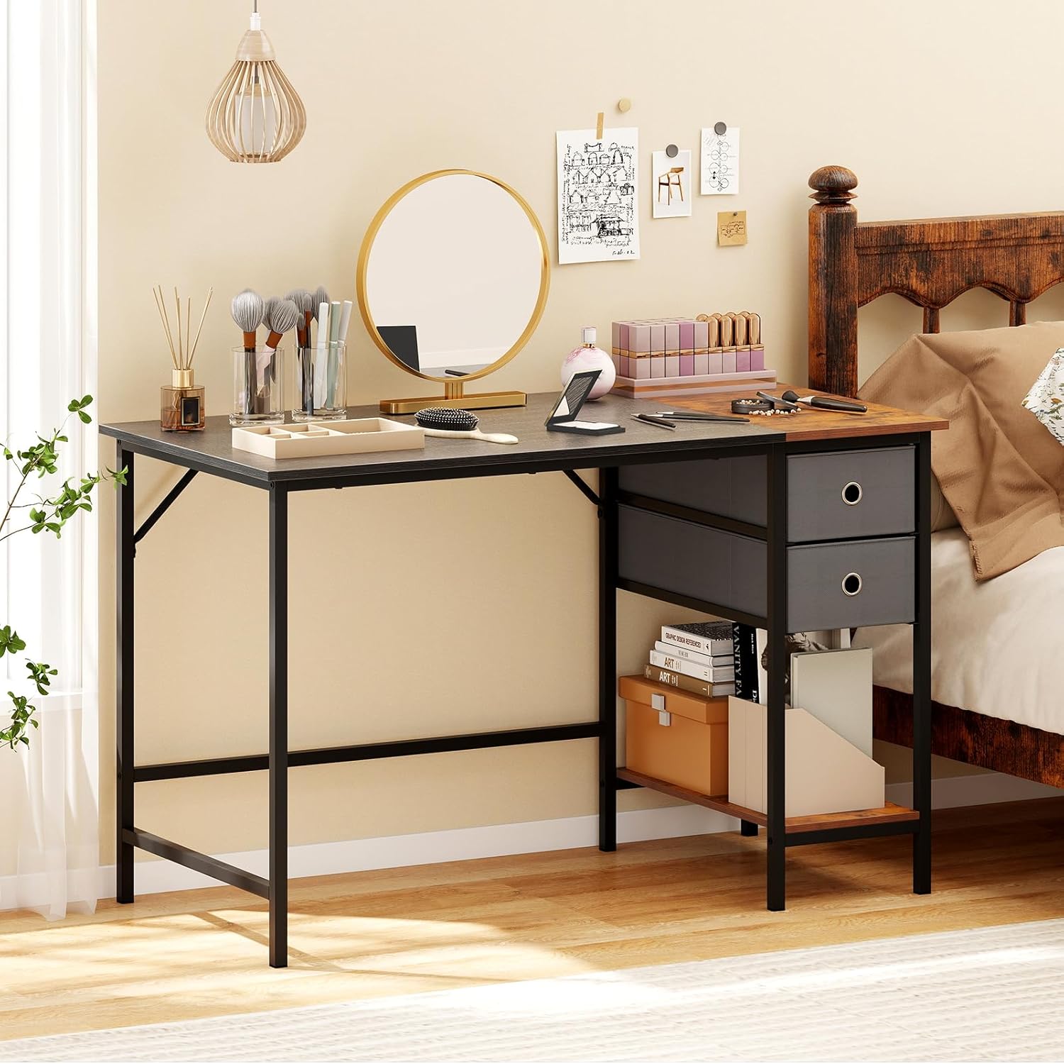 Computer Desk, 48’’ Gaming Desk w/Storage Shelves, Steel Frame & Fabric Drawers, Wood Office Table, Large Writing Desk for Bedroom, Study, Home Office (Black, 48''W)