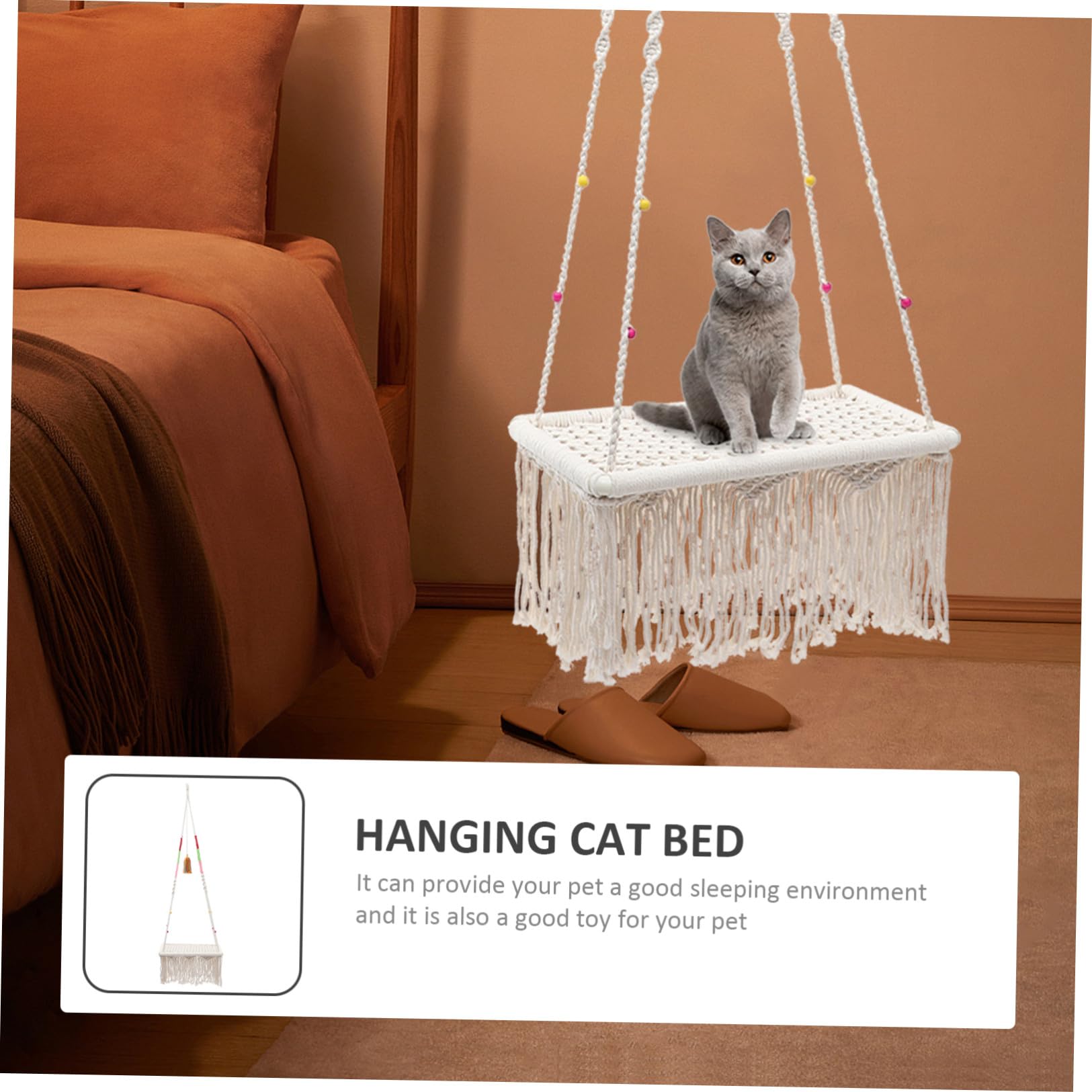Veemoon Amaca per Gatti Sospesa in Corda di Cotone Beige, Decorativa e Facile da Lavare, Design Bohemien Intrecciato a Mano per Cuccioli e Uso Interno