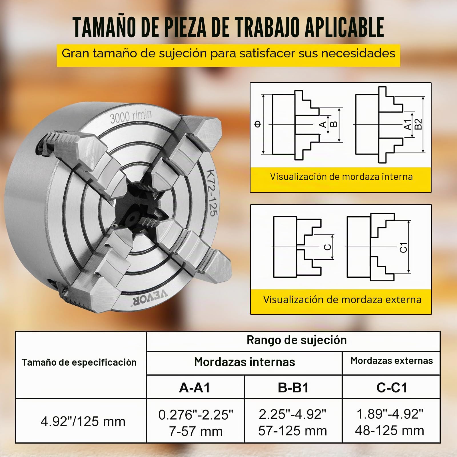 Mophorn K72-125 Mandril De Torno Autocentrante 160 mm, Torno de Mandril Autocentrante de 4 Mordazas de 4,92" (125 mm), Fresado de Rectificadoras Internas y Externas Accesorios de Torno de Herramientas