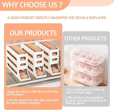 4 Tier Egg Holder for Refrigerator, Automatic Scrolling Egg Rack Holder, Space Saving Egg Dispenser with Automatic Rolling, Egg Organiser