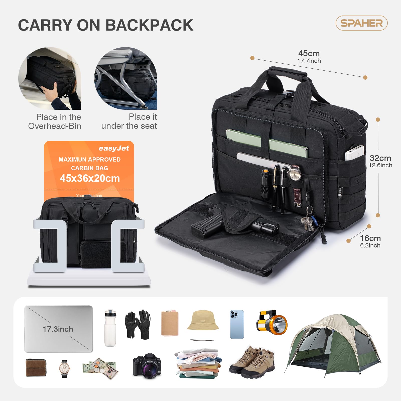 SPAHER 3 in 1 Borsa Porta PC 17,3" Zaino Tattica Borsello Uomo a Mano Nero | Sistema MOLLE, Scomparto per Laptop Imbottito, Oxford Impermeabile, Tracolla Nascosta, per Lavoro Camping Escursioni Viaggi