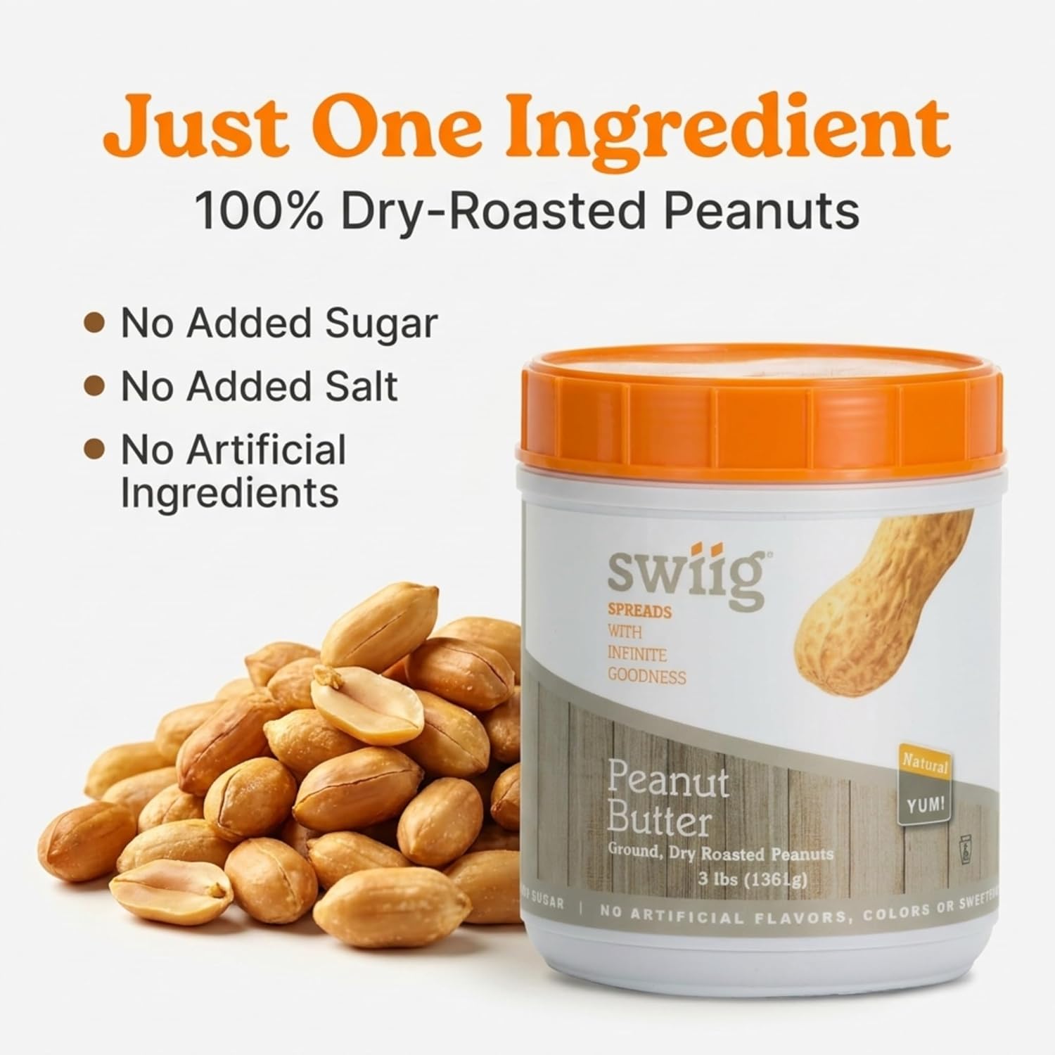 swiig Natural Creamy Peanut Butter, 100% Dry Roasted Peanuts, No Added Sugar or Salt, Non-GMO, Gluten-Free, No Artificial Ingredients, 3 lb Tub