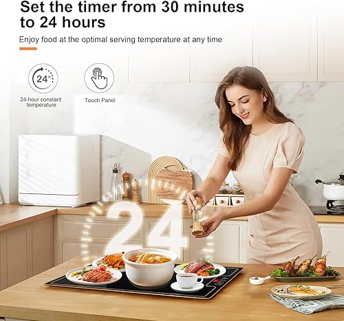 Miniatura 5 de Bandeja eléctrica de calentamiento de calor, calentador de superficie completa de 23.7 x 15.8 pulgadas con termostato, pantalla digital, soporte de