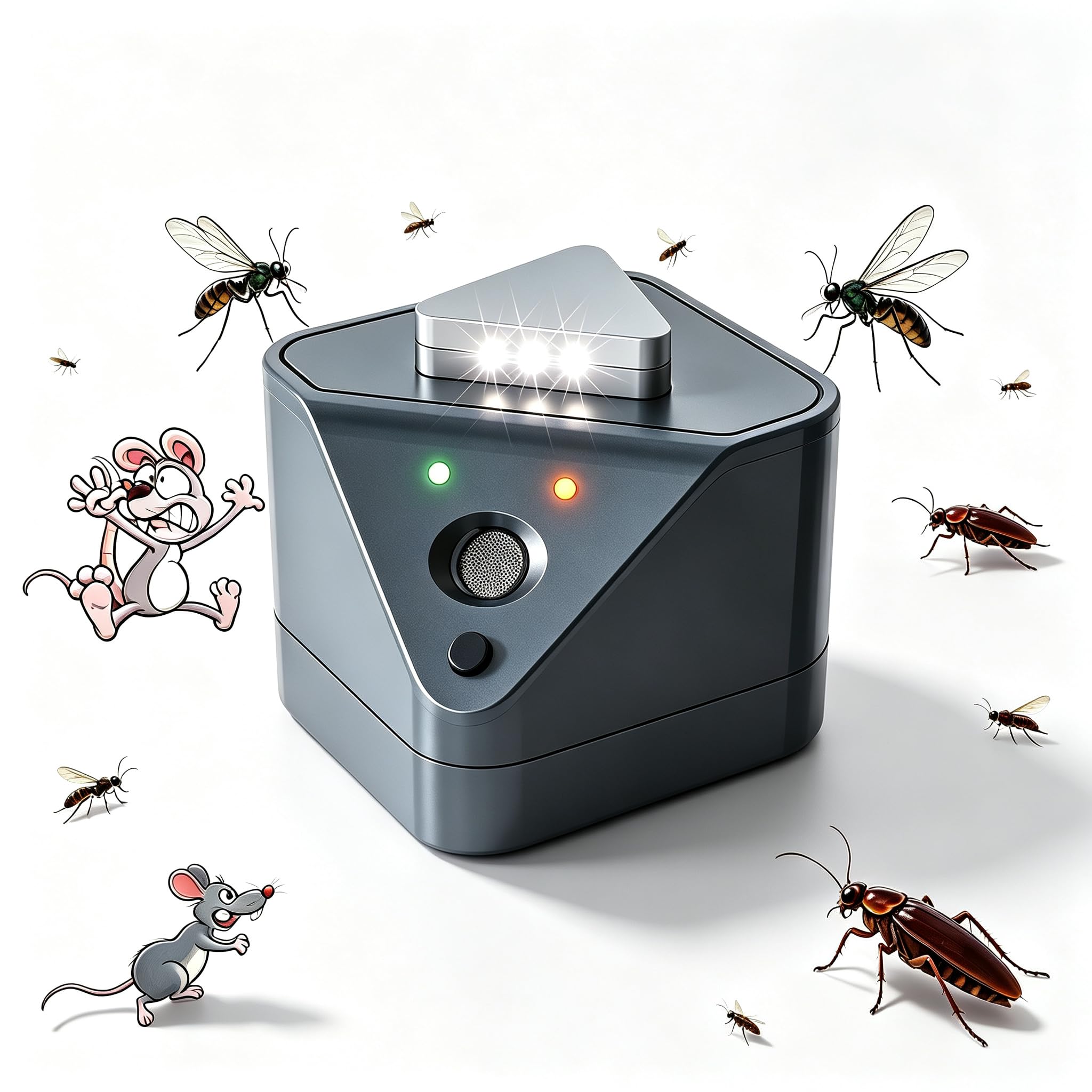 4-in-1 Ultrasonic Pest Repeller, Electronic Rodent Deterrent with Pressure Wave & Strobe Flashlight, Chemical-free, Silent Operation, for Mice, Ants, Cockroaches, Spiders, Safe for Pets and Children