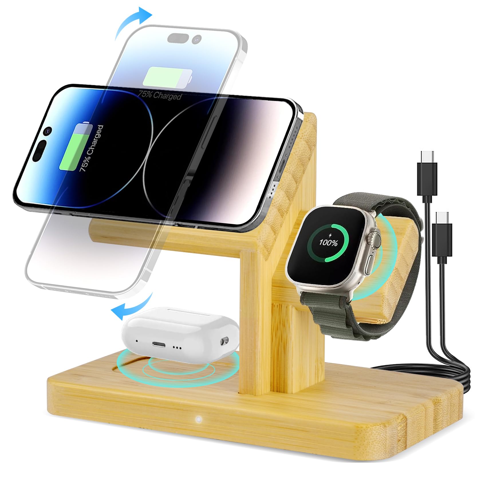 Wireless Charging Station for Apple Devices, 3 in 1 Bamboo Charger Stand, 20W Fast Magnetic Wireless Charger for iPhone 15/14/13/12 Pro/Pro Max/Plus/Mini, AirPods 3/2/Pro, iWatch /7/6/SE/5/4/3/2