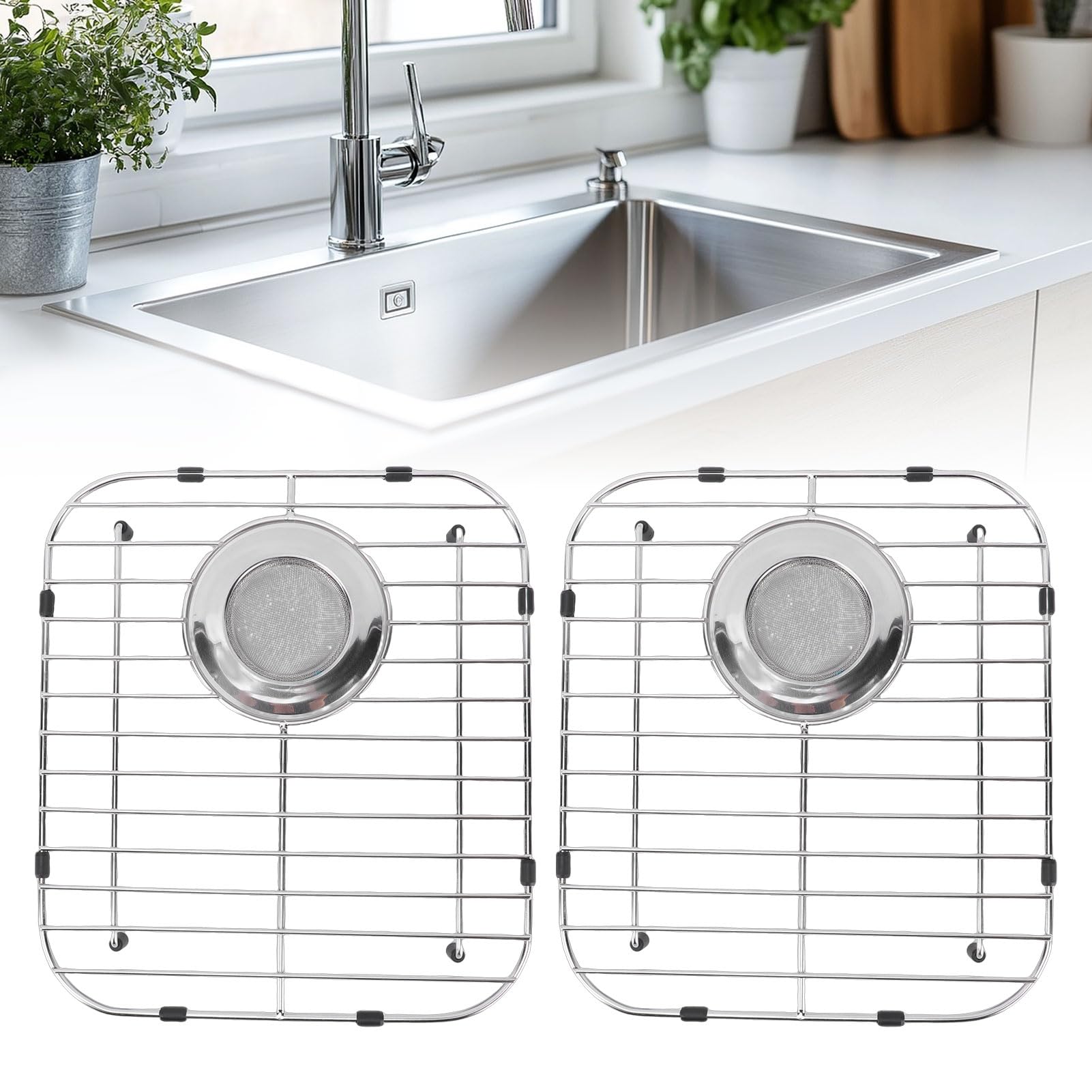 Griglia per lavello in acciaio inox, 33,3 x 30 cm, scolapiatti con design aperto per una ventilazione ottimale, protezione per lavello per scarico da 8,9 cm.
