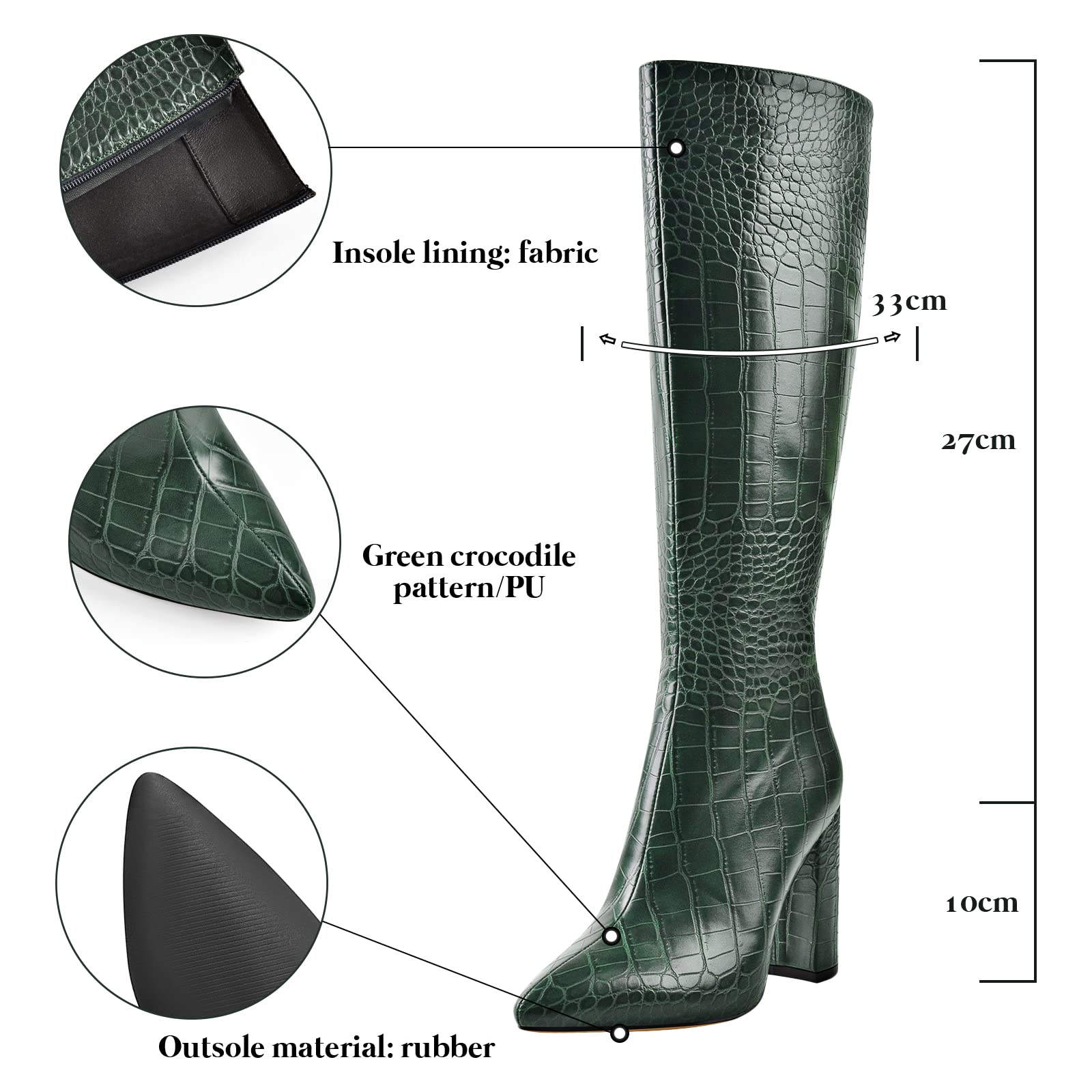 LISHAN Women's Snakeskin Chunky 4in Heel Crocodile Pull On Mid Calf Boots