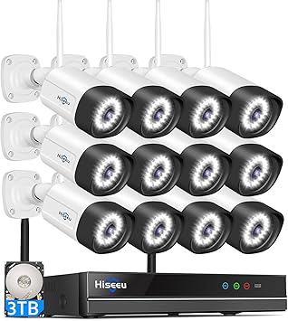 Hiseeu 3MP Wireless Security Camera System with 12 Outdoor Cameras, 16CH WiFi NVR, Color Night Vision, Spotlight & Siren, 2-Way Audio, 3TB Hard Drive, 24/7 Recording, Home Surveillance Kit