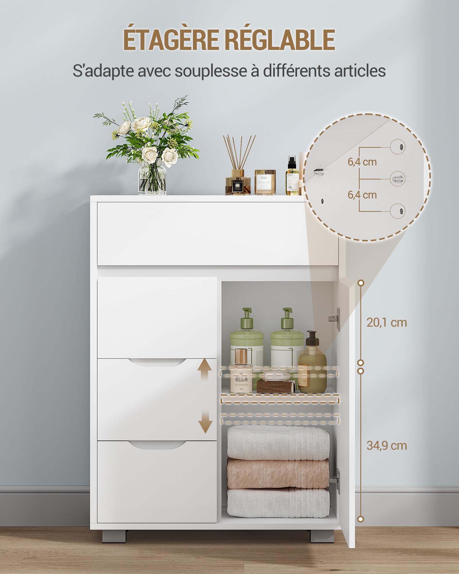 Hzuaneri Meuble Salle de Bain,Armoire de Rangement avec Étagère Réglable