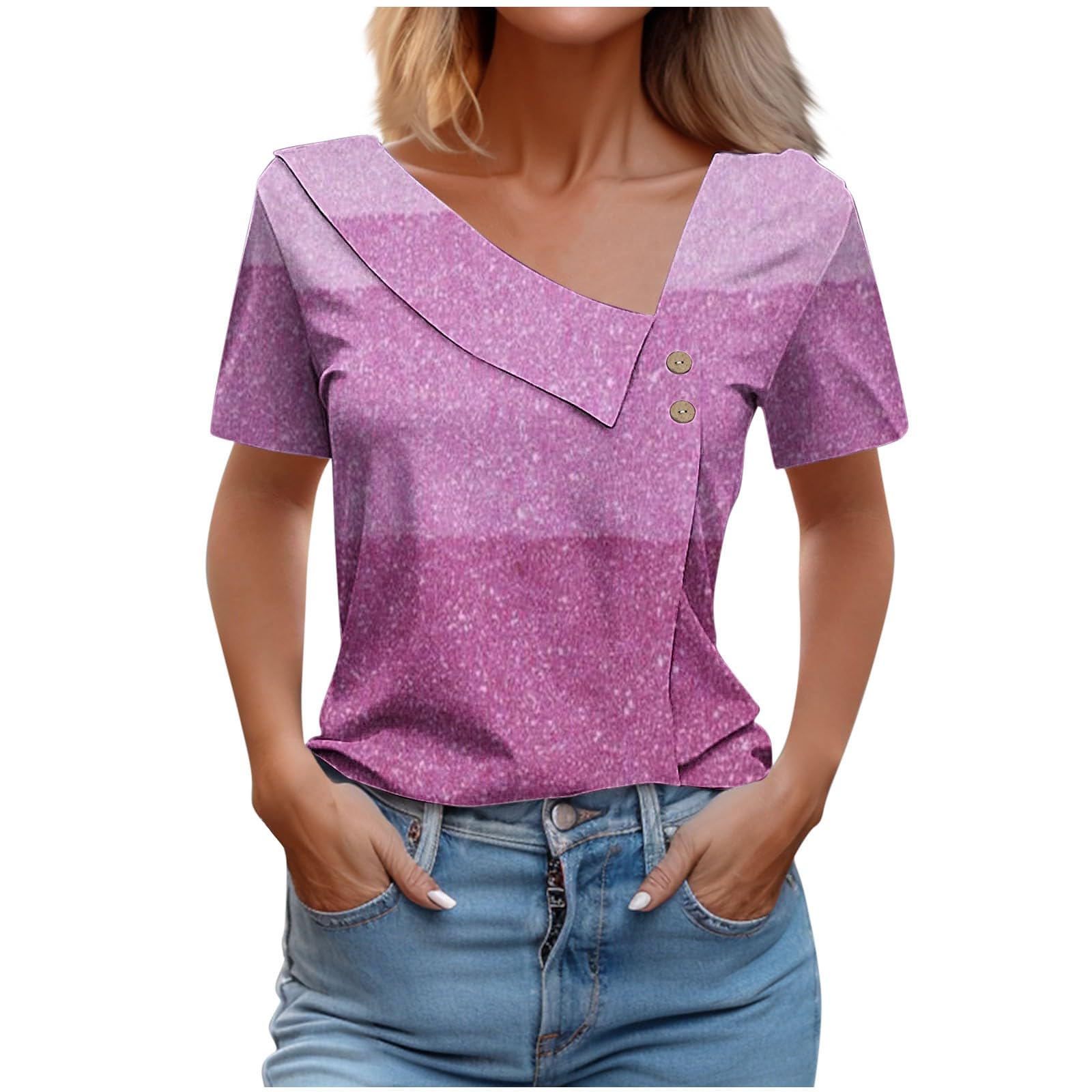 HAOLEI Camisetas Manga Corta Mujer,Camisetas Mujer Verano de Cuello en V con Botones Moda Casual Camisa de Rayas Estampado Moda Multicolor Basica Versátil Camisetas para Primavera Verano