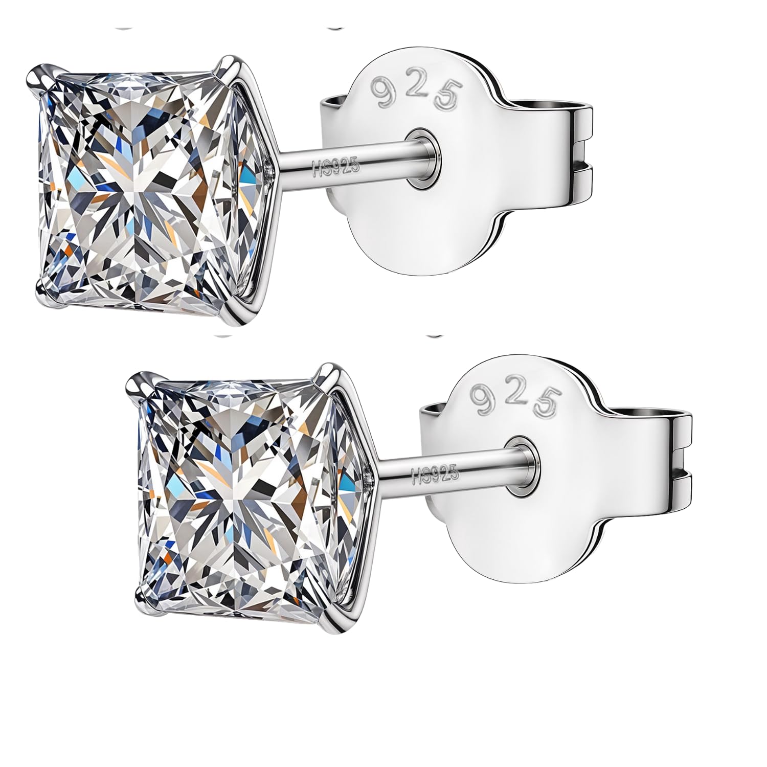 925 Silver Square Solitaire Stud Earrings | 92.5 Sterling Silver & Square Brilliant Cubic Zirconia Tops for Men Women Boys & Girls