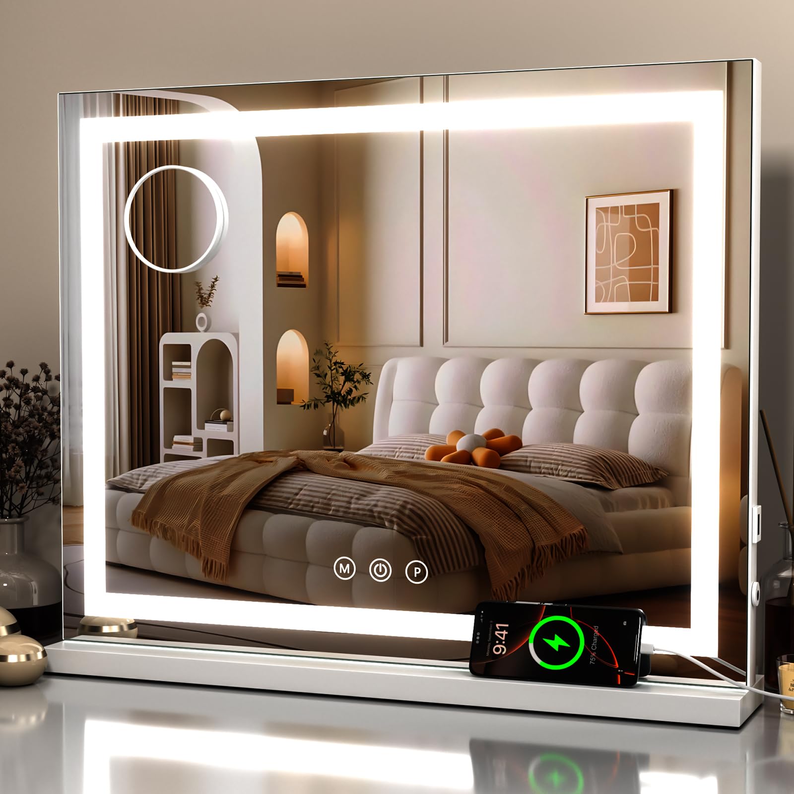 Schminkspiegel mit Beleuchtung 80x60cm, LED Kosmetikspiegel mit 3 Lichtmodi, Dimmbar, 10X Vergrößerung & USB-Anschluss, ideal für Schlafzimmer & Schminktisch (Lichtband 80×60 cm)