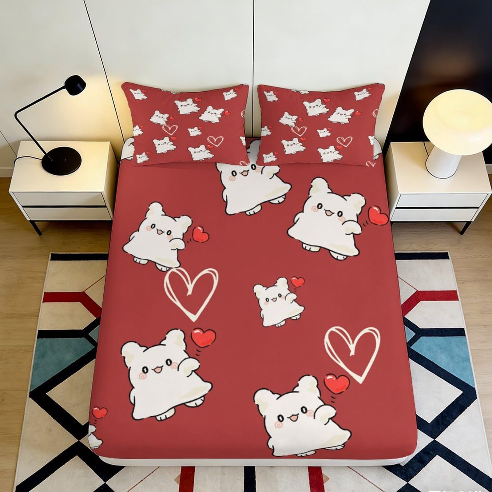3D Printed Cute Cartoon Hamster Fitted Sheet Microfiber Non Slip Red Heart Bed Cover for Bedroom Dorm Mattress Decor 120x200x25cm
