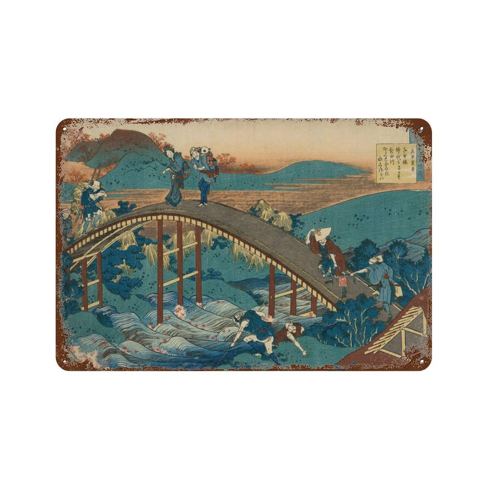 xiaoxiaoshen Hokusai Japanese Bridge Woodblock Wall Decor Art Metal Tin Poster Modern Home Decor Art Home Bar Shop Decorations Vintage Sign 20x30cm
