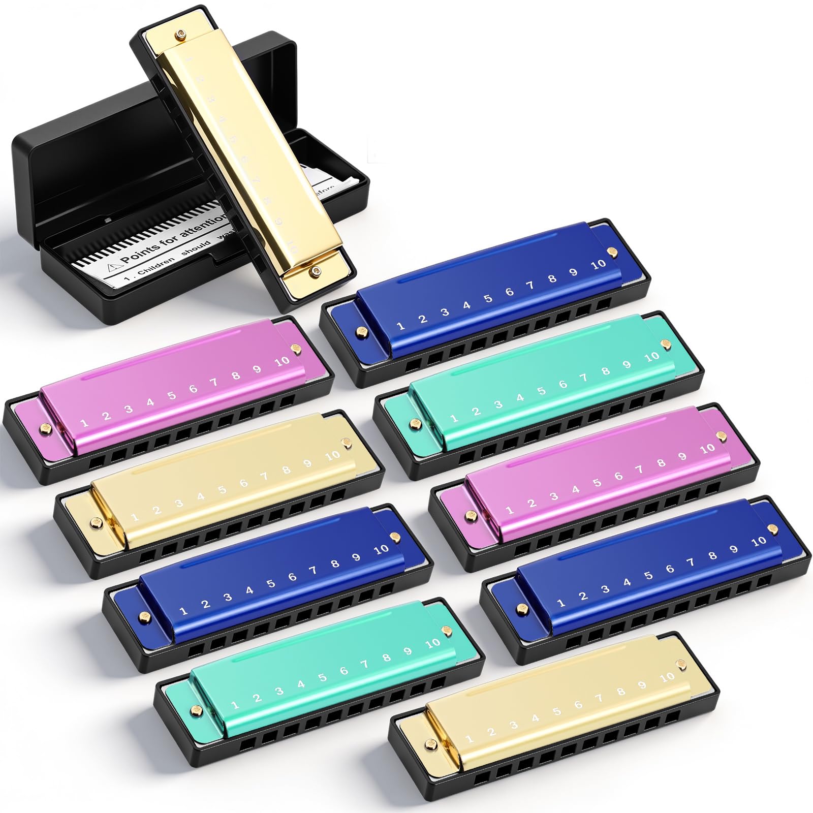 10 Pcs 10 Hole 10 Tone Harmonica Set with Cases for Beginners