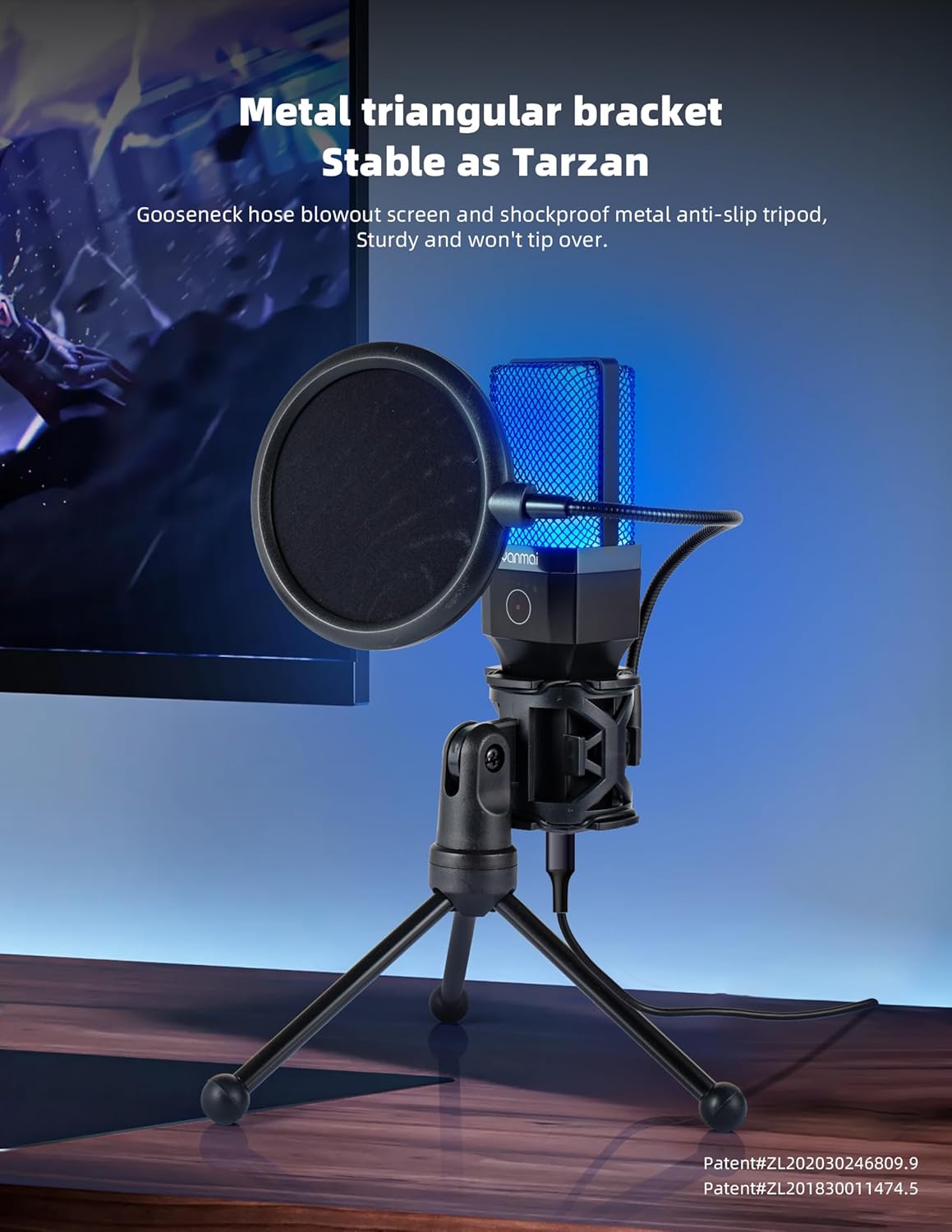 USB Microphone, Cardioid Condenser, RGB Lighting, Gooseneck Flexible Tripod Set, Suitable for Computers, Phones, Live Streaming, Recording